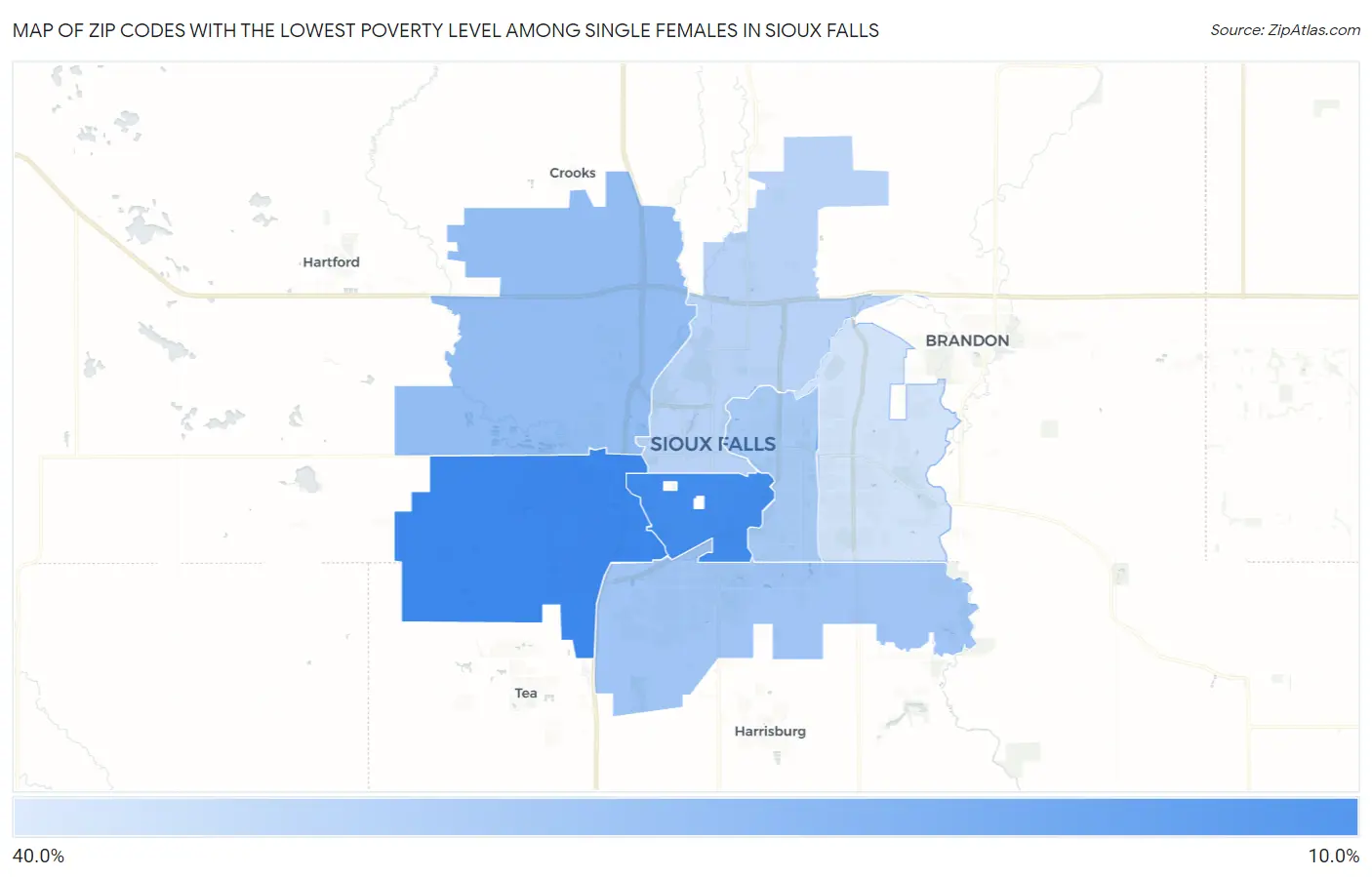 Zip Codes with the Lowest Poverty Level Among Single Females in Sioux Falls Map