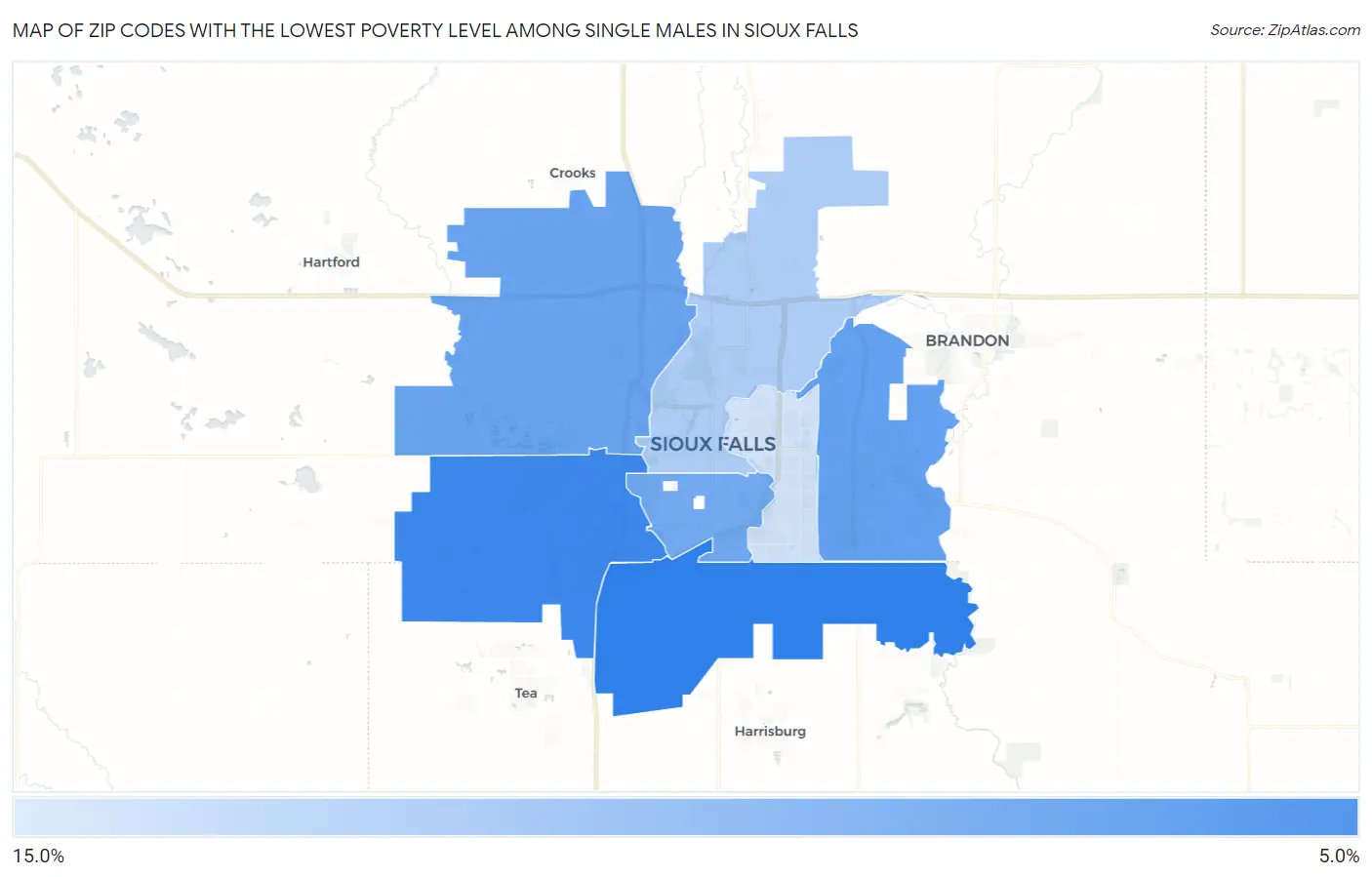 Zip Codes with the Lowest Poverty Level Among Single Males in Sioux Falls Map