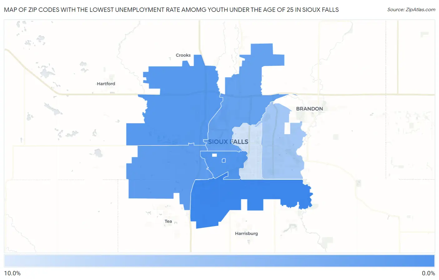 Zip Codes with the Lowest Unemployment Rate Amomg Youth Under the Age of 25 in Sioux Falls Map