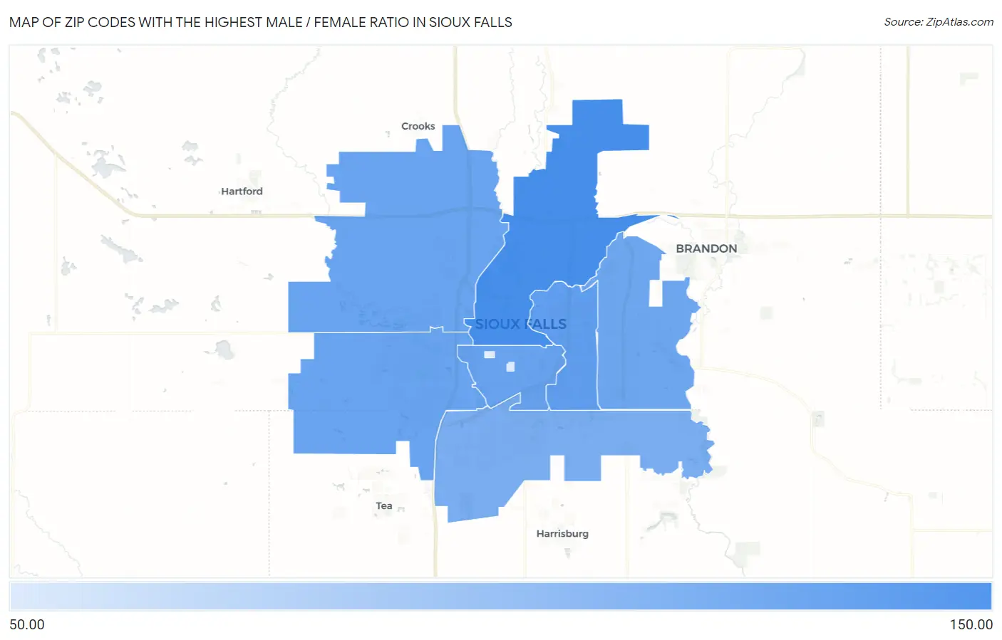 Zip Codes with the Highest Male / Female Ratio in Sioux Falls Map