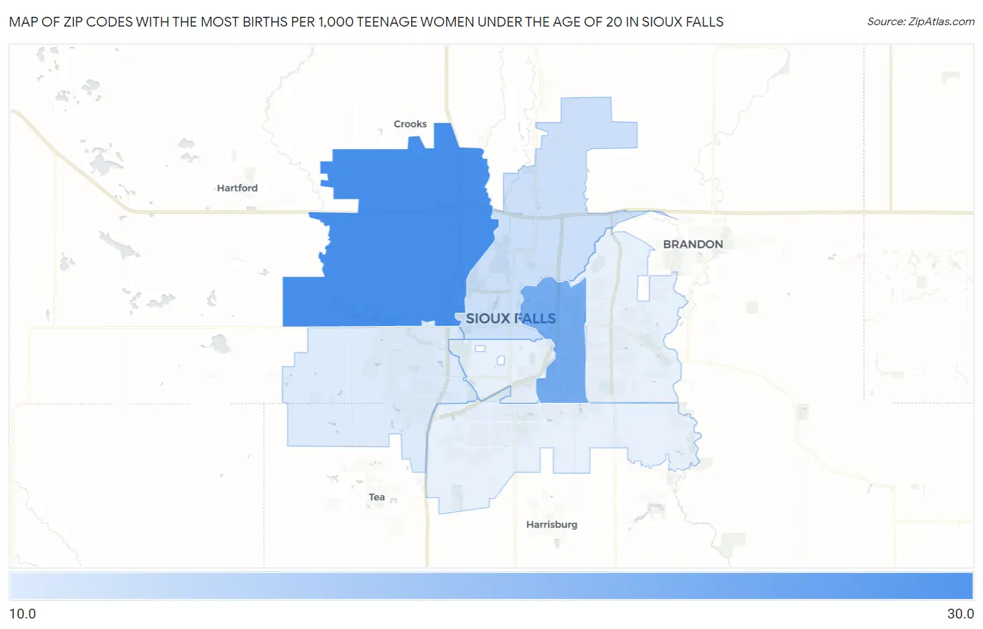 Zip Codes with the Most Births per 1,000 Teenage Women Under the Age of 20 in Sioux Falls Map