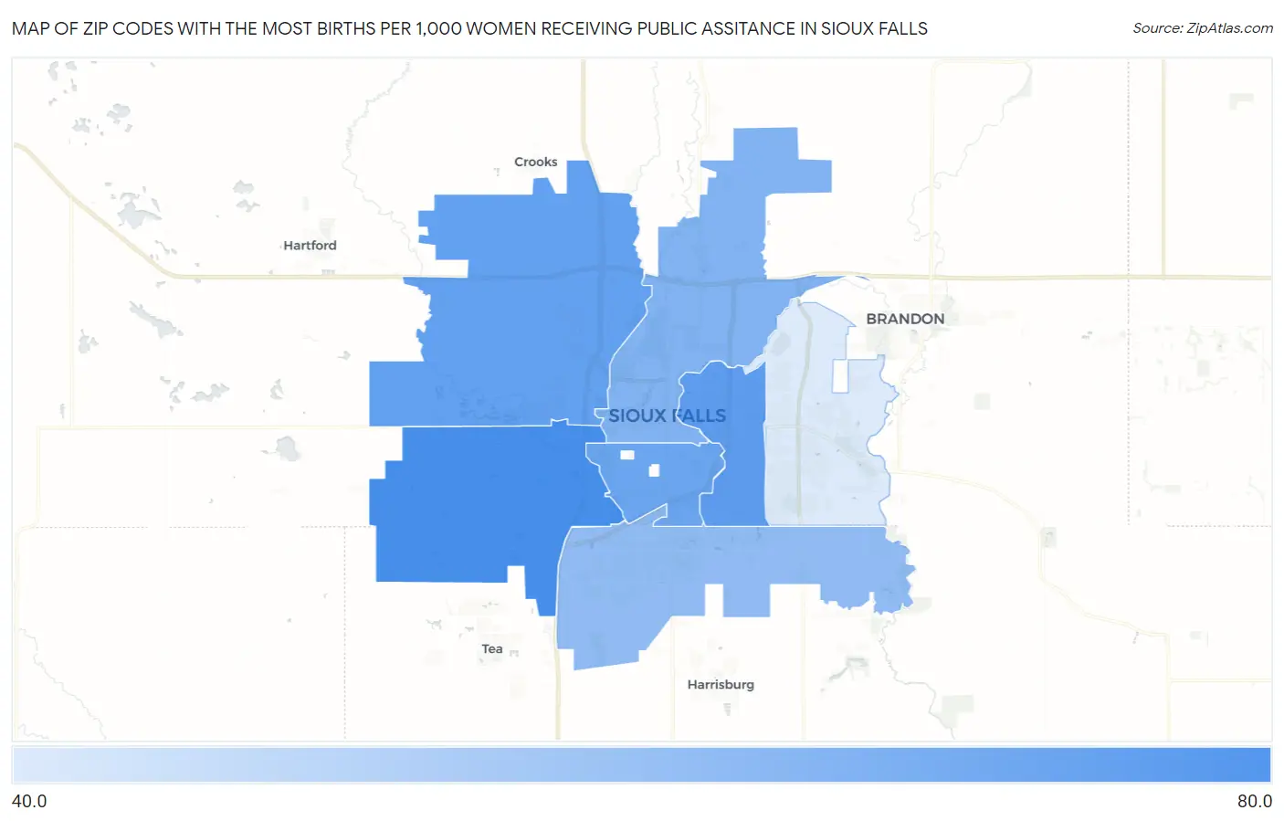 Zip Codes with the Most Births per 1,000 Women Receiving Public Assitance in Sioux Falls Map