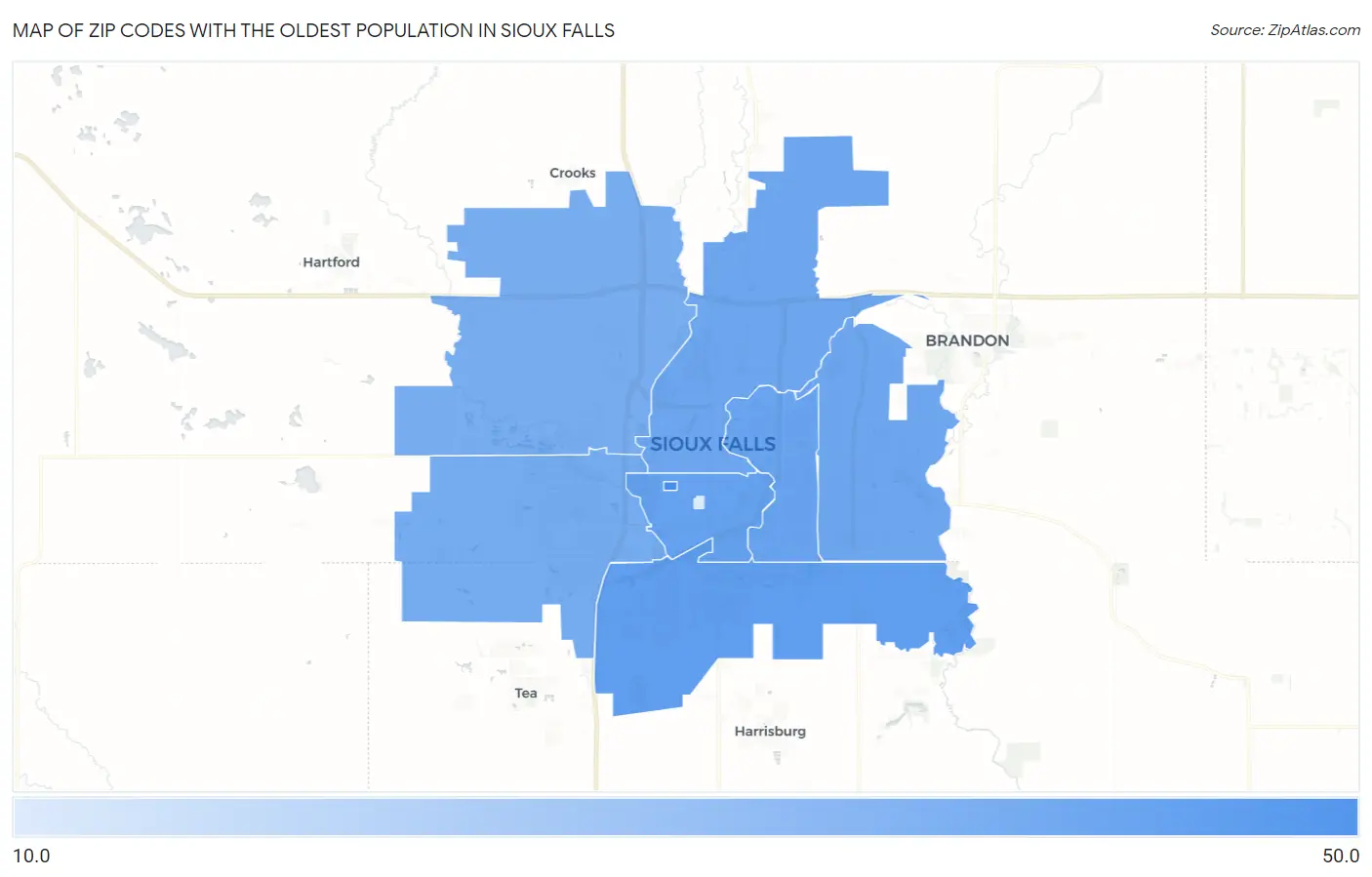 Zip Codes with the Oldest Population in Sioux Falls Map