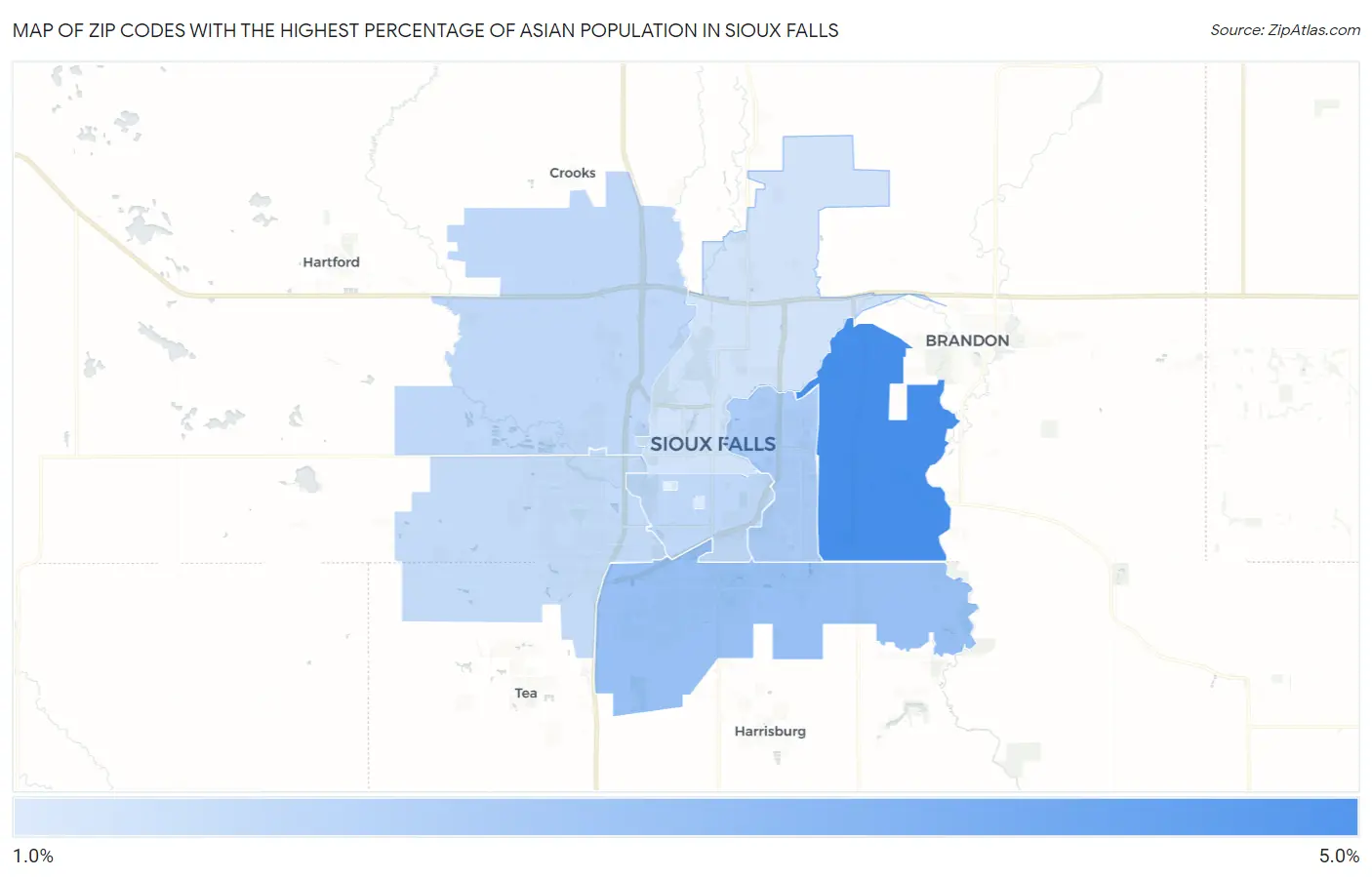Zip Codes with the Highest Percentage of Asian Population in Sioux Falls Map