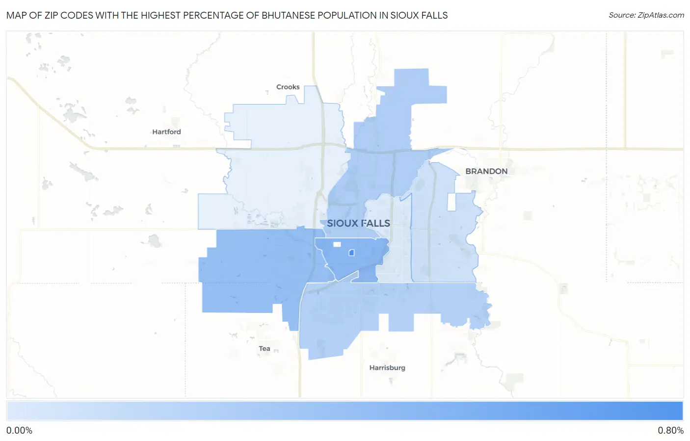 Zip Codes with the Highest Percentage of Bhutanese Population in Sioux Falls Map