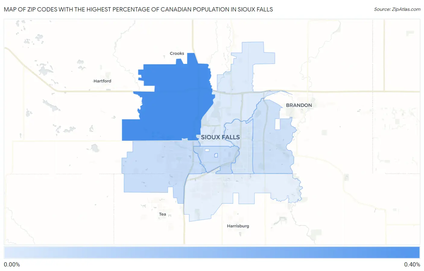 Zip Codes with the Highest Percentage of Canadian Population in Sioux Falls Map