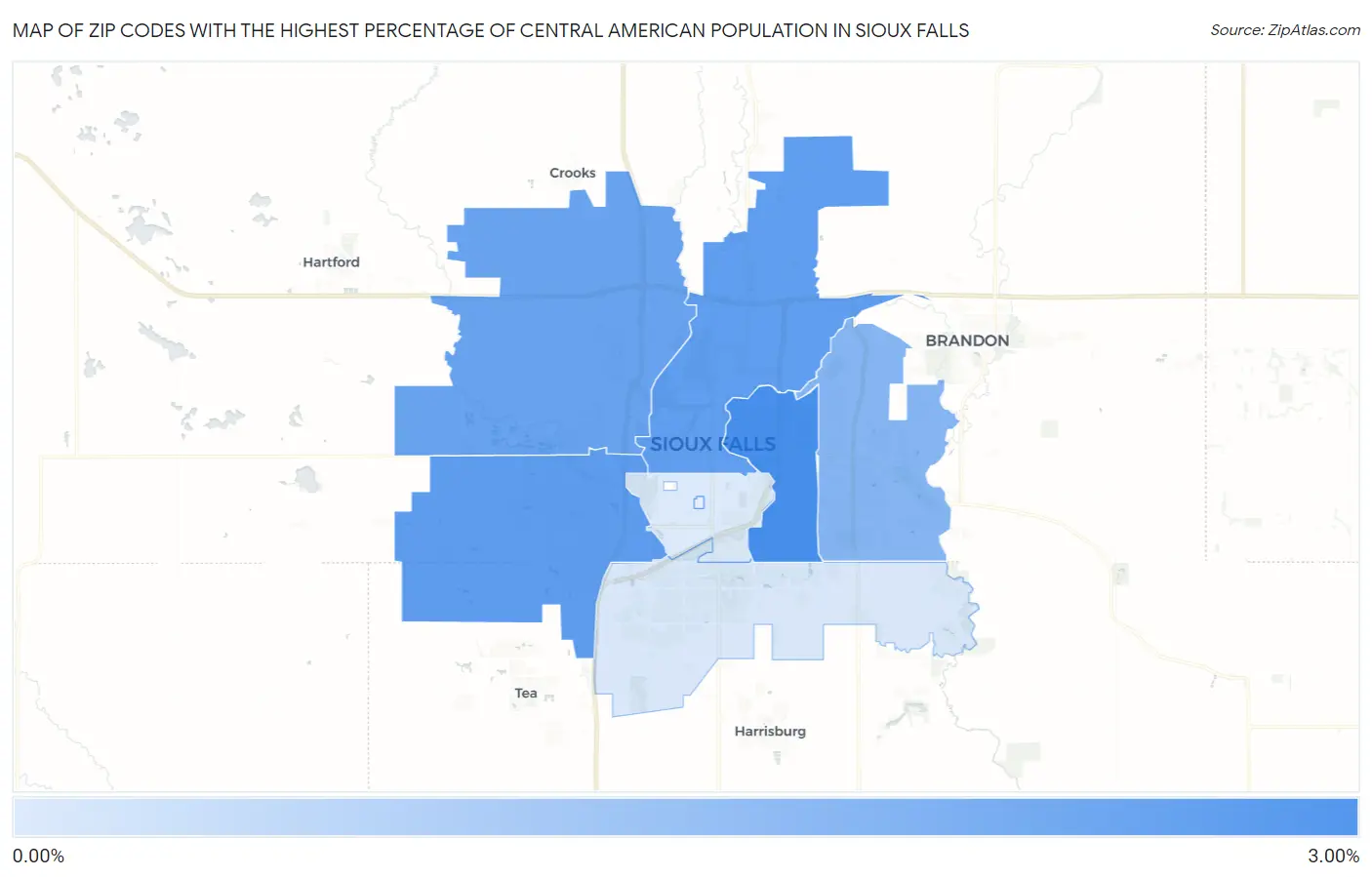 Zip Codes with the Highest Percentage of Central American Population in Sioux Falls Map