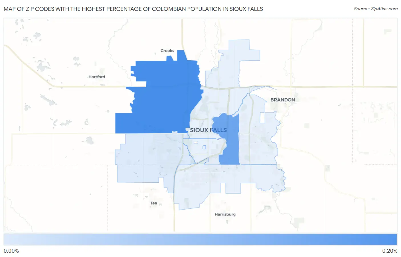 Zip Codes with the Highest Percentage of Colombian Population in Sioux Falls Map