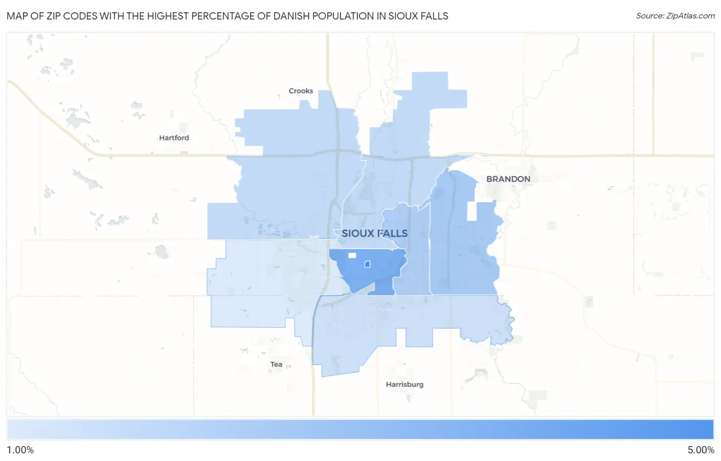 Zip Codes with the Highest Percentage of Danish Population in Sioux Falls Map