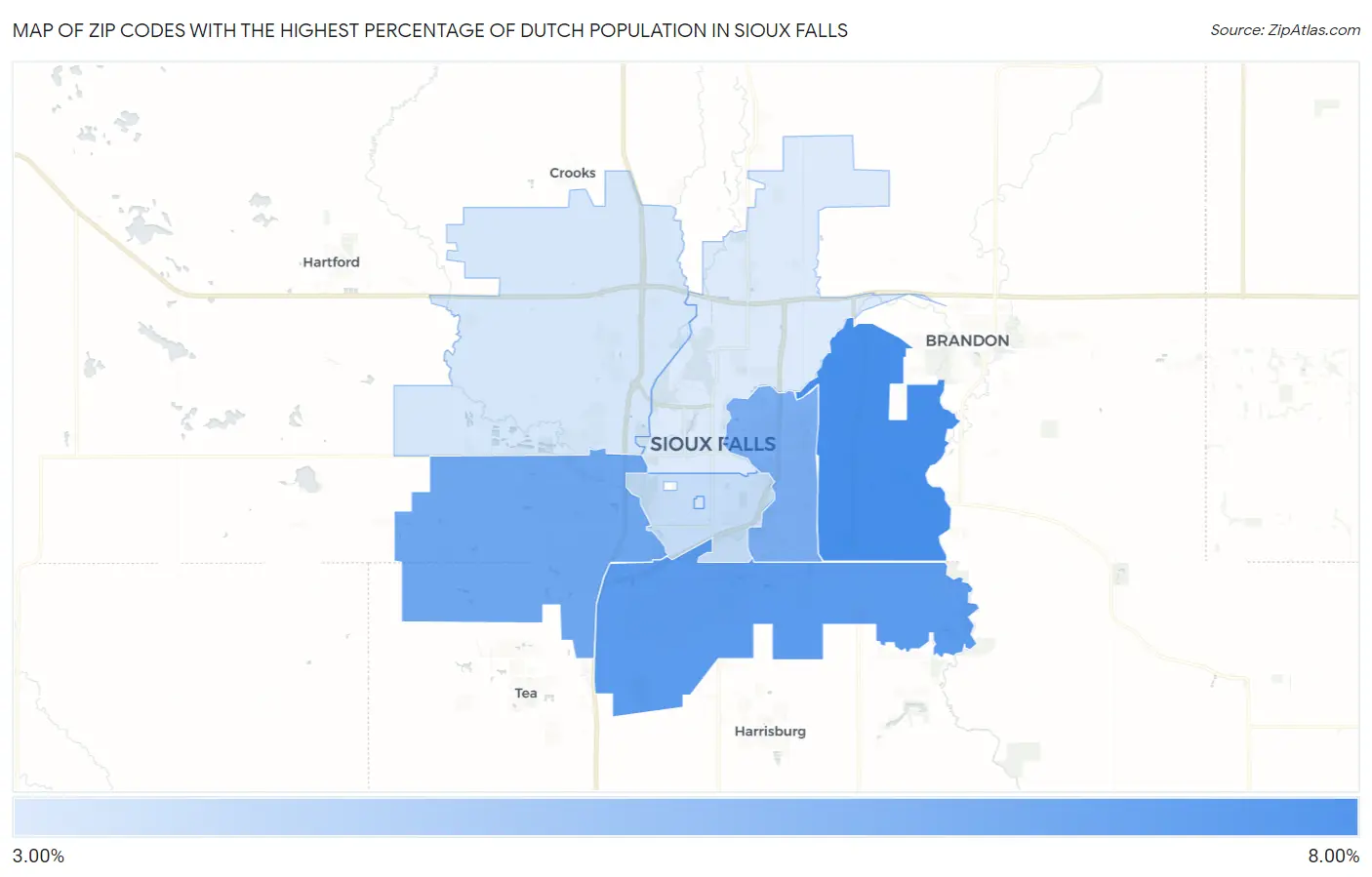 Zip Codes with the Highest Percentage of Dutch Population in Sioux Falls Map