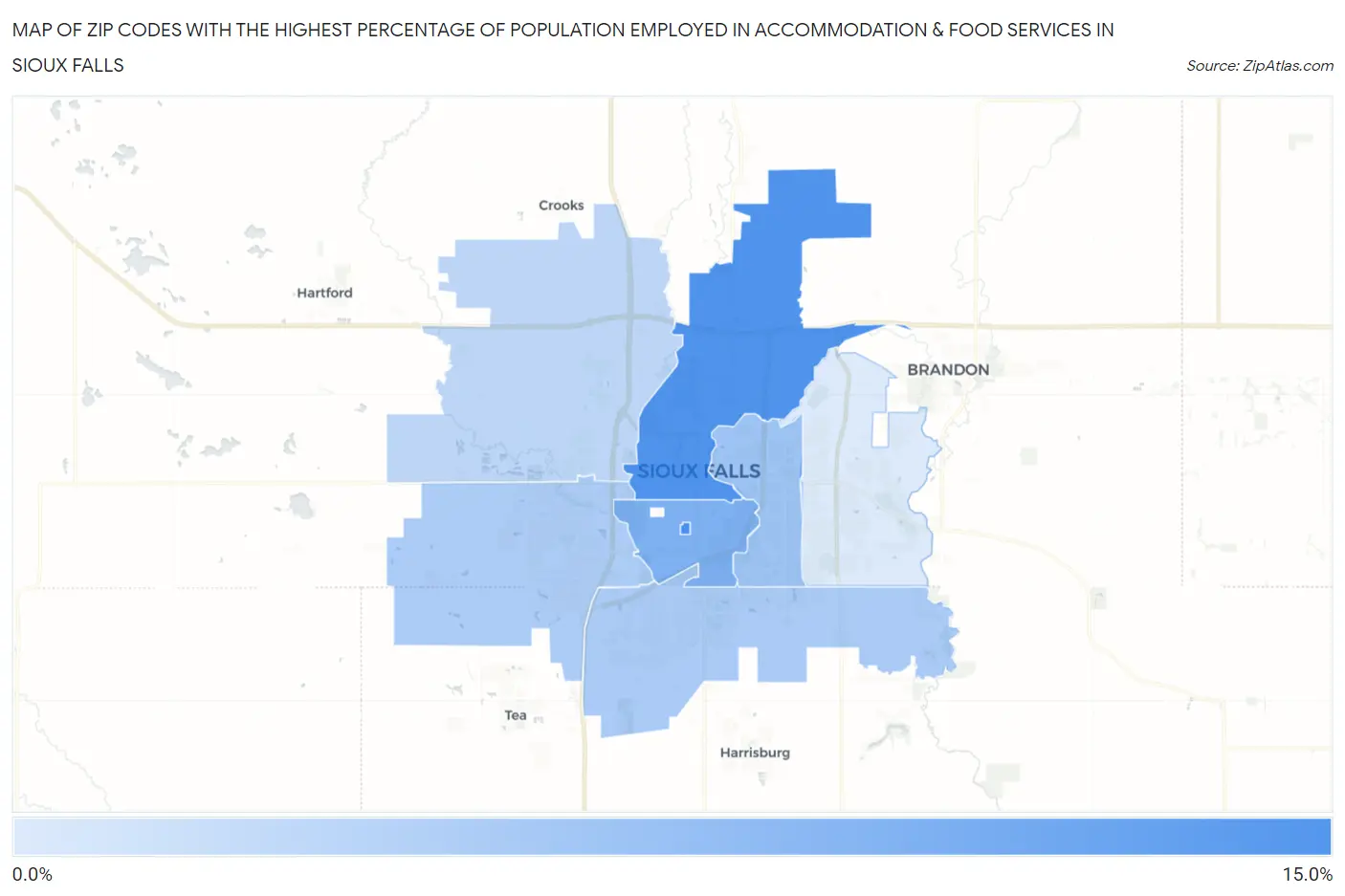 Zip Codes with the Highest Percentage of Population Employed in Accommodation & Food Services in Sioux Falls Map