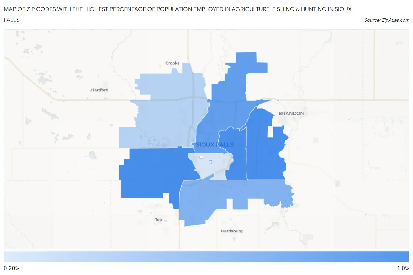 Zip Codes with the Highest Percentage of Population Employed in Agriculture, Fishing & Hunting in Sioux Falls Map