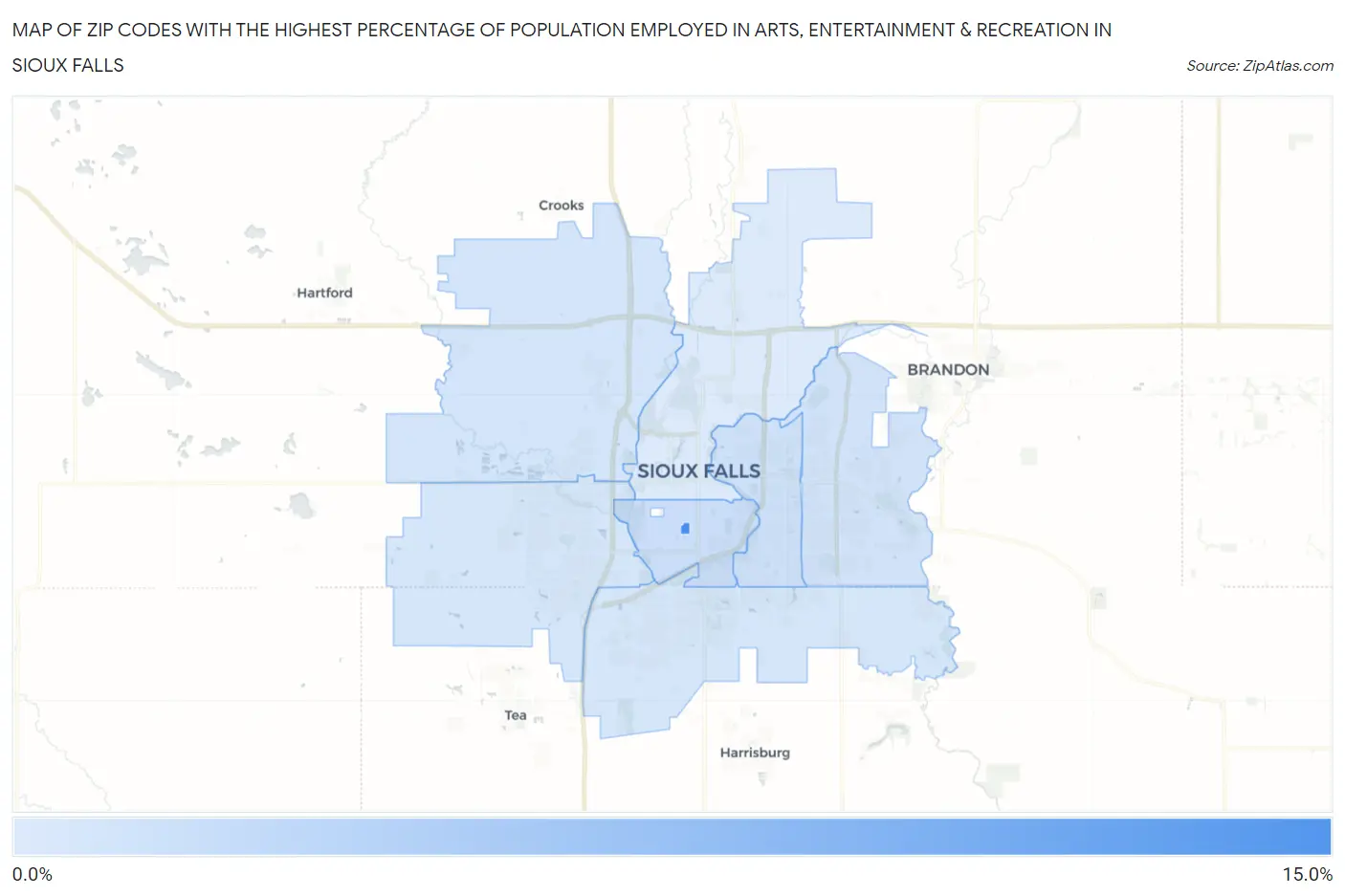 Zip Codes with the Highest Percentage of Population Employed in Arts, Entertainment & Recreation in Sioux Falls Map