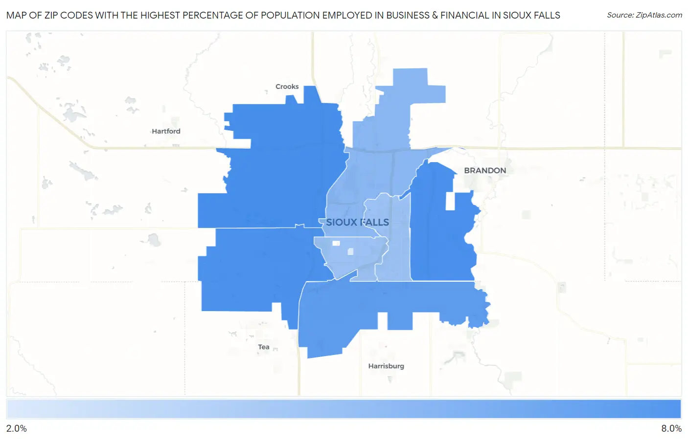 Zip Codes with the Highest Percentage of Population Employed in Business & Financial in Sioux Falls Map