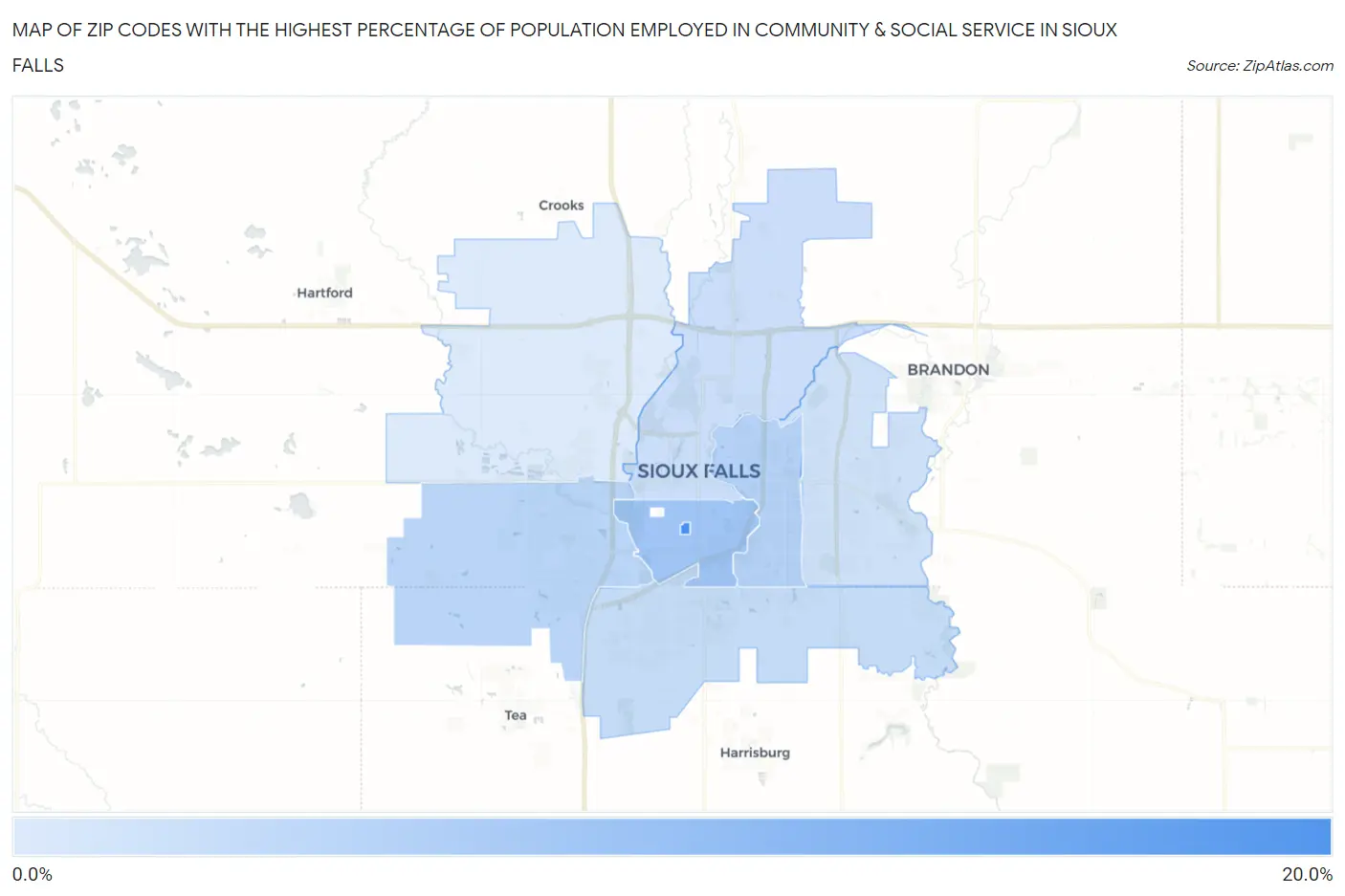Zip Codes with the Highest Percentage of Population Employed in Community & Social Service  in Sioux Falls Map
