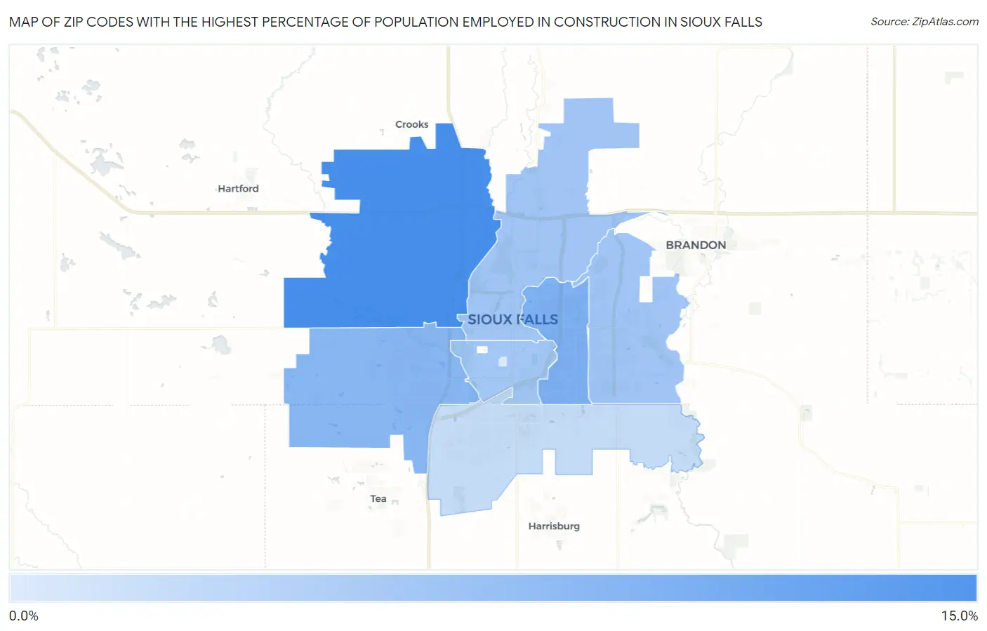 Zip Codes with the Highest Percentage of Population Employed in Construction in Sioux Falls Map
