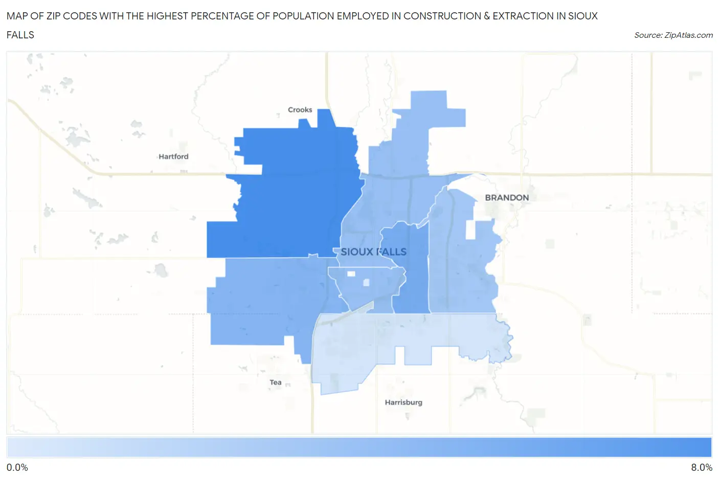 Zip Codes with the Highest Percentage of Population Employed in Construction & Extraction in Sioux Falls Map