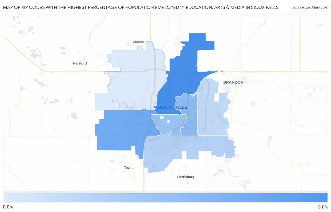 Zip Codes with the Highest Percentage of Population Employed in Education, Arts & Media in Sioux Falls Map