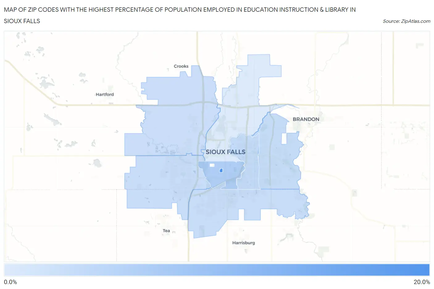 Zip Codes with the Highest Percentage of Population Employed in Education Instruction & Library in Sioux Falls Map