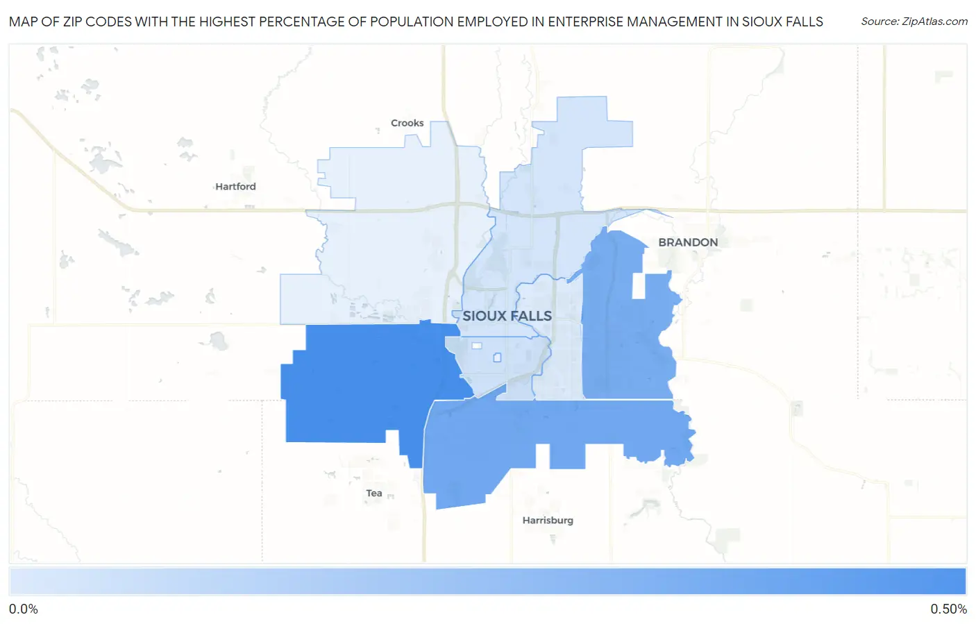 Zip Codes with the Highest Percentage of Population Employed in Enterprise Management in Sioux Falls Map
