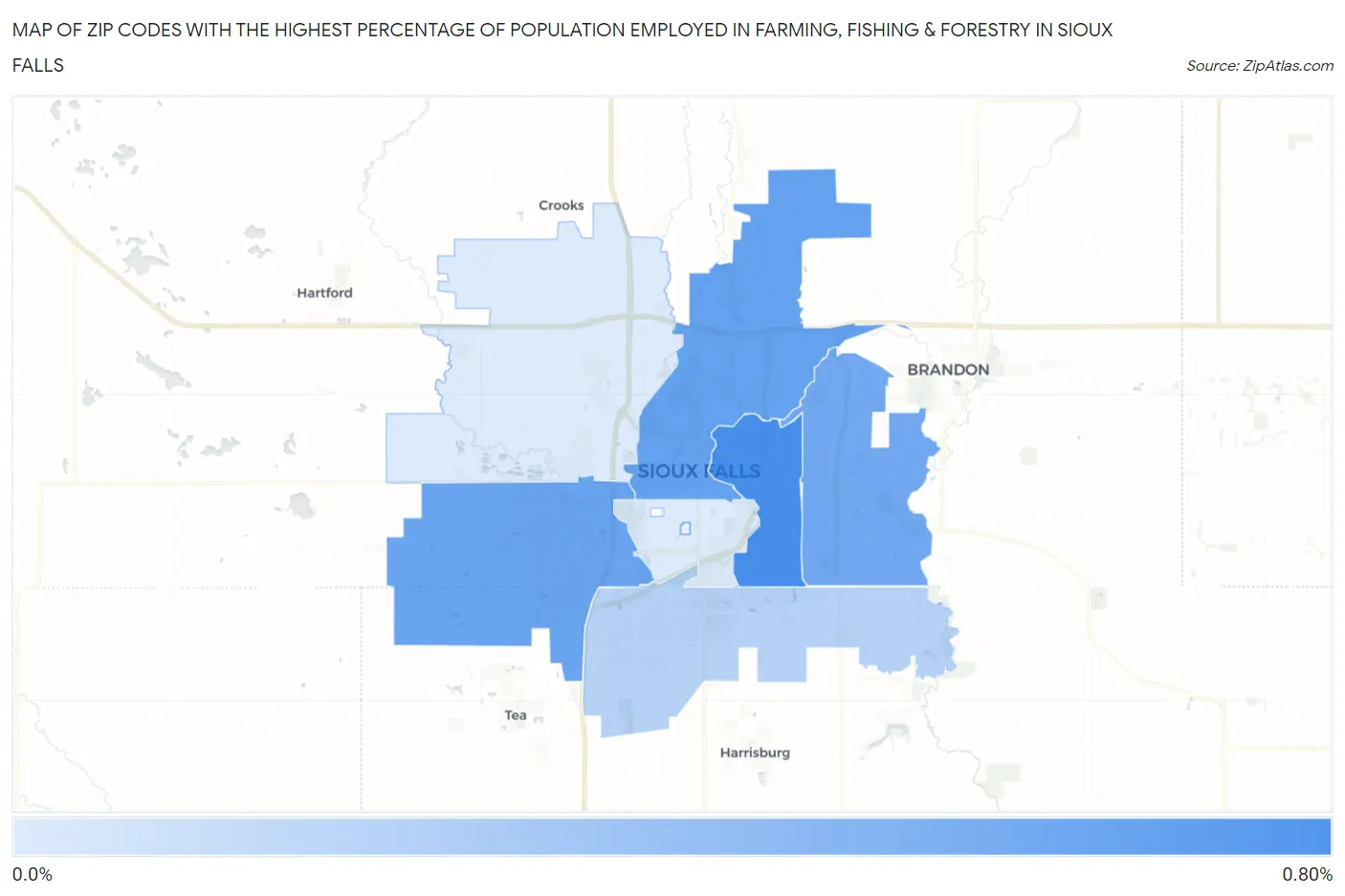 Zip Codes with the Highest Percentage of Population Employed in Farming, Fishing & Forestry in Sioux Falls Map
