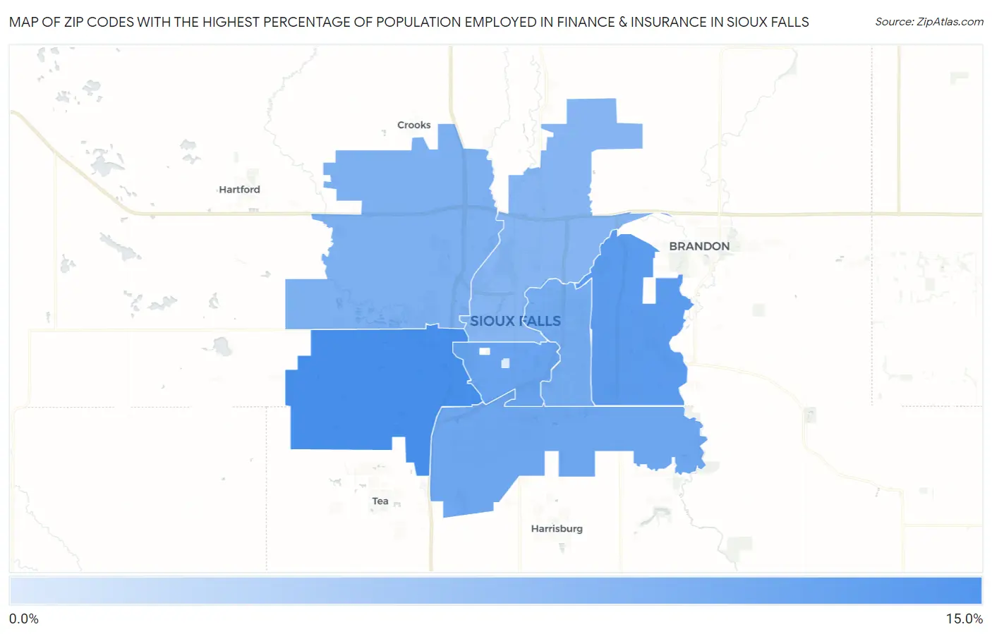 Zip Codes with the Highest Percentage of Population Employed in Finance & Insurance in Sioux Falls Map
