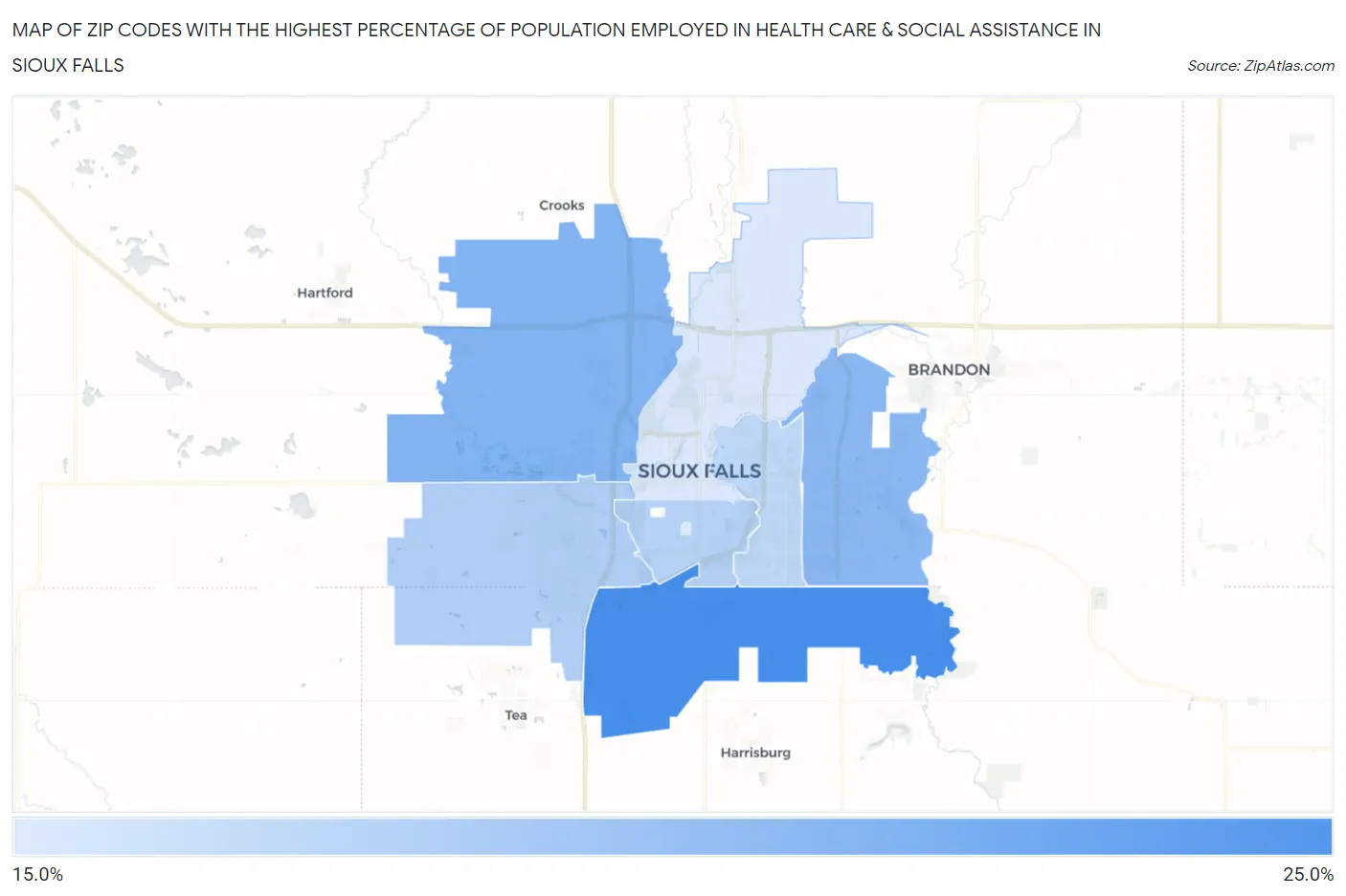 Zip Codes with the Highest Percentage of Population Employed in Health Care & Social Assistance in Sioux Falls Map