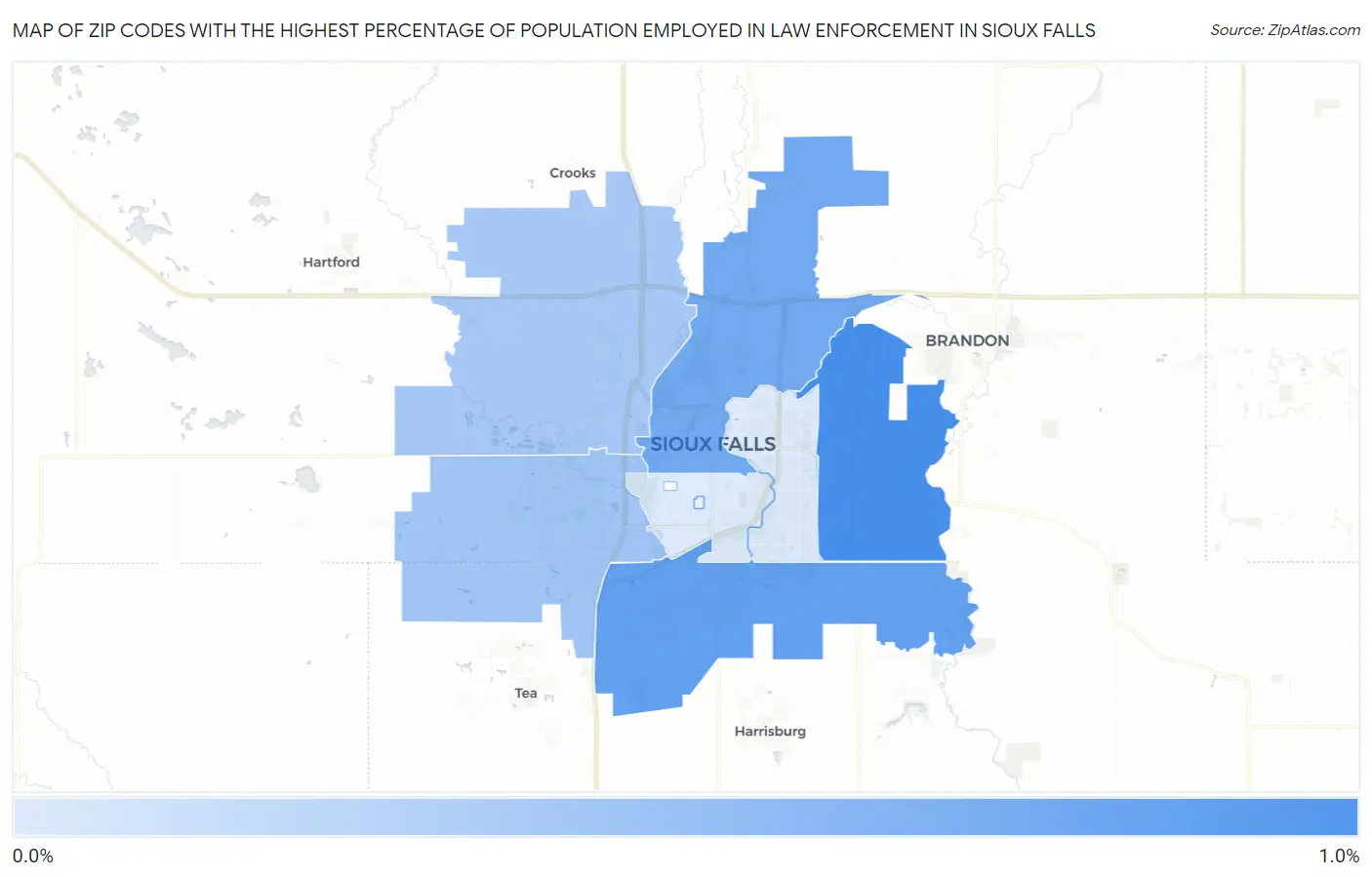 Zip Codes with the Highest Percentage of Population Employed in Law Enforcement in Sioux Falls Map
