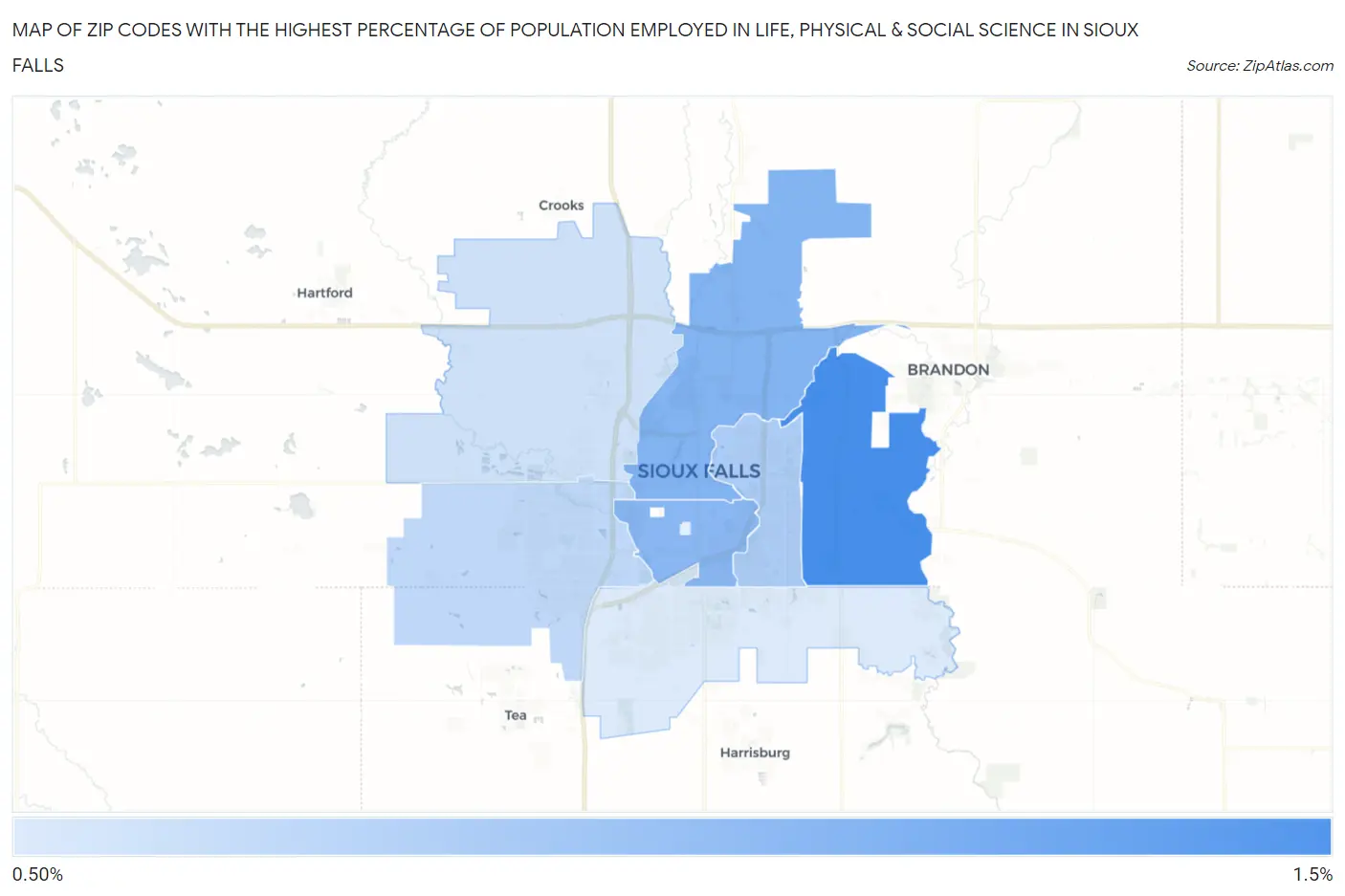 Zip Codes with the Highest Percentage of Population Employed in Life, Physical & Social Science in Sioux Falls Map