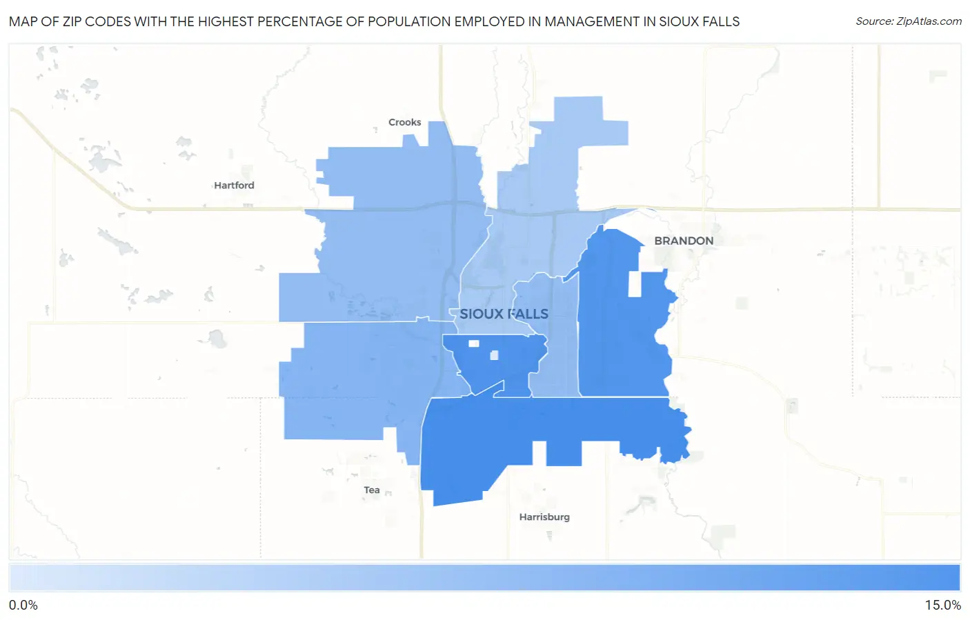 Zip Codes with the Highest Percentage of Population Employed in Management in Sioux Falls Map