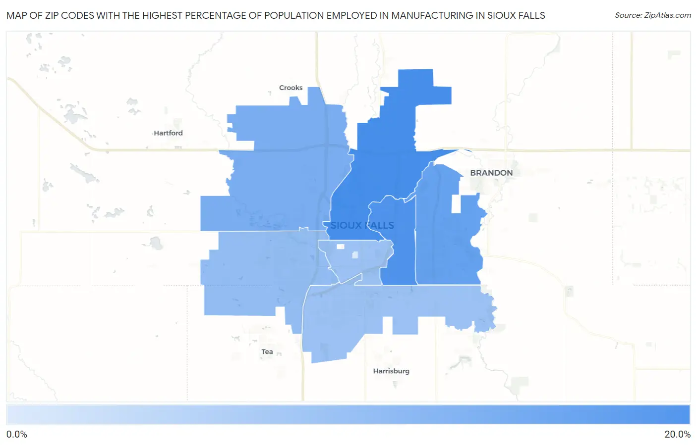 Zip Codes with the Highest Percentage of Population Employed in Manufacturing in Sioux Falls Map