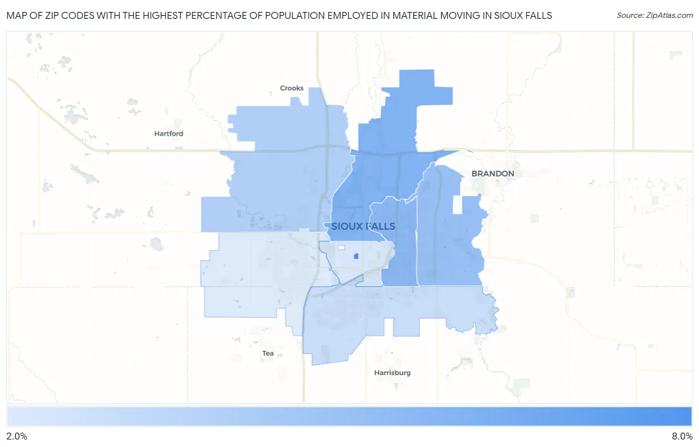 Zip Codes with the Highest Percentage of Population Employed in Material Moving in Sioux Falls Map