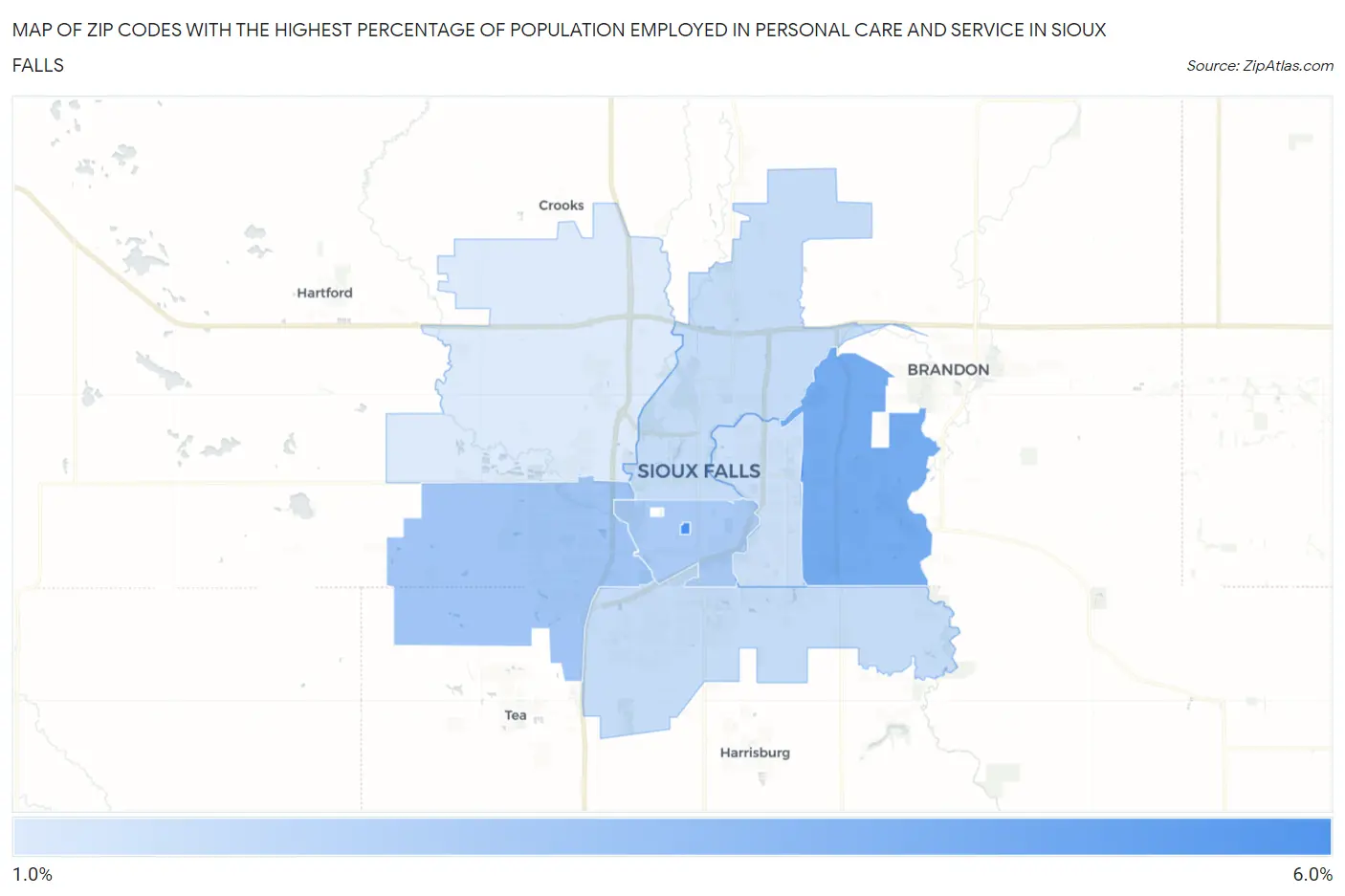 Zip Codes with the Highest Percentage of Population Employed in Personal Care and Service in Sioux Falls Map