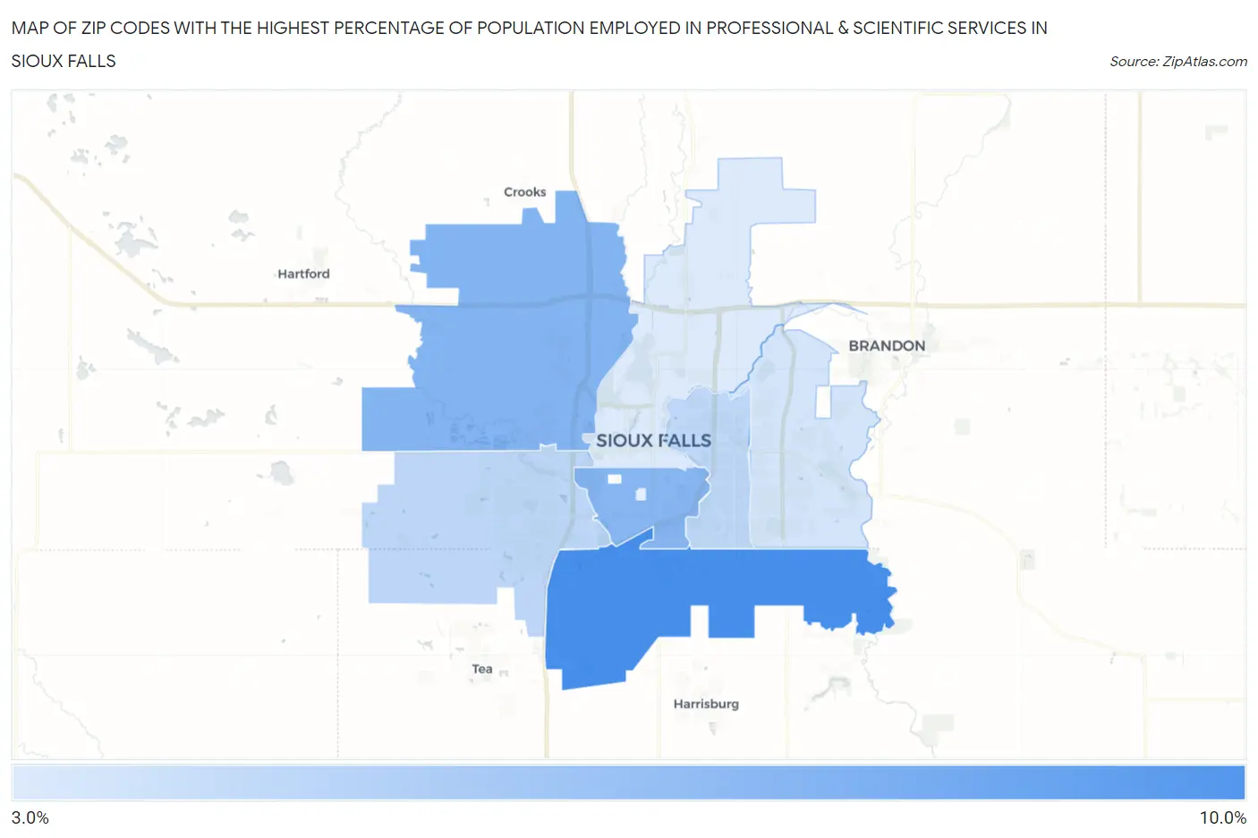 Zip Codes with the Highest Percentage of Population Employed in Professional & Scientific Services in Sioux Falls Map