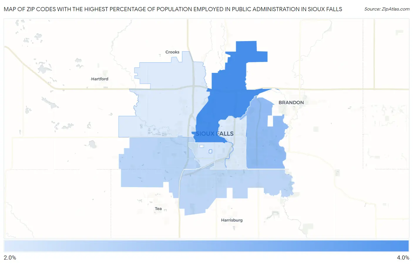 Zip Codes with the Highest Percentage of Population Employed in Public Administration in Sioux Falls Map