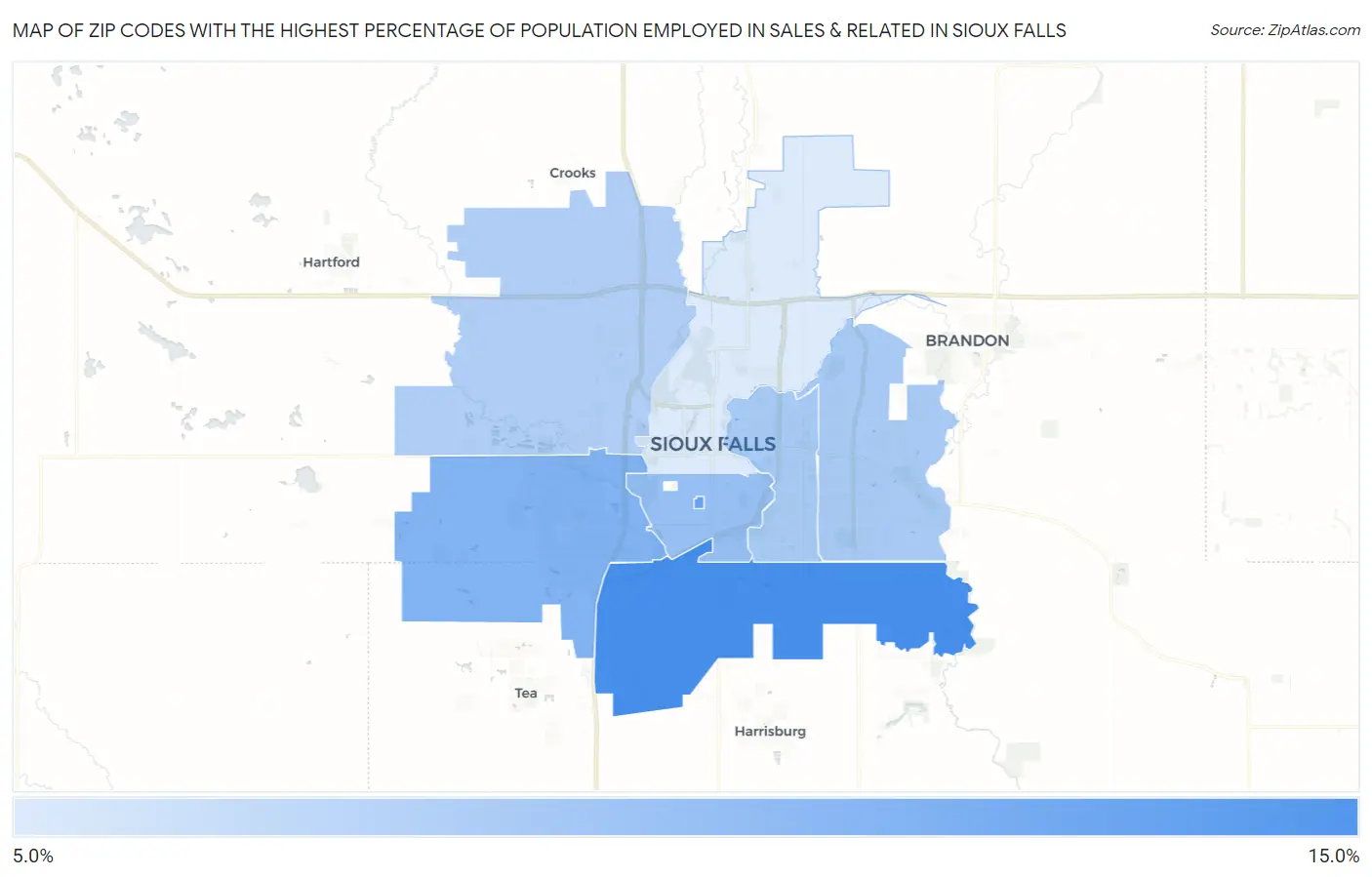 Zip Codes with the Highest Percentage of Population Employed in Sales & Related in Sioux Falls Map