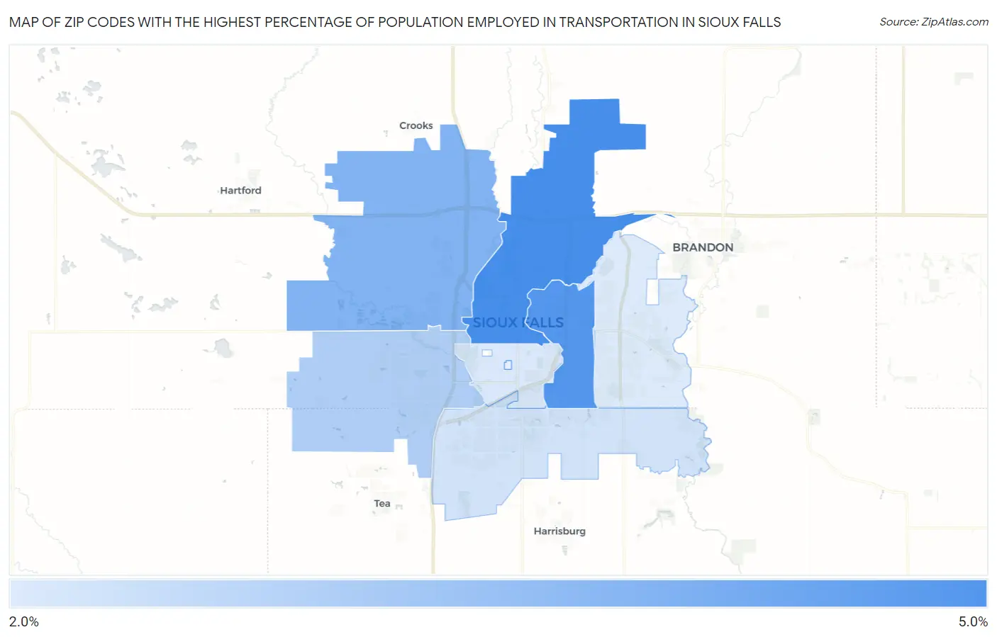 Zip Codes with the Highest Percentage of Population Employed in Transportation in Sioux Falls Map