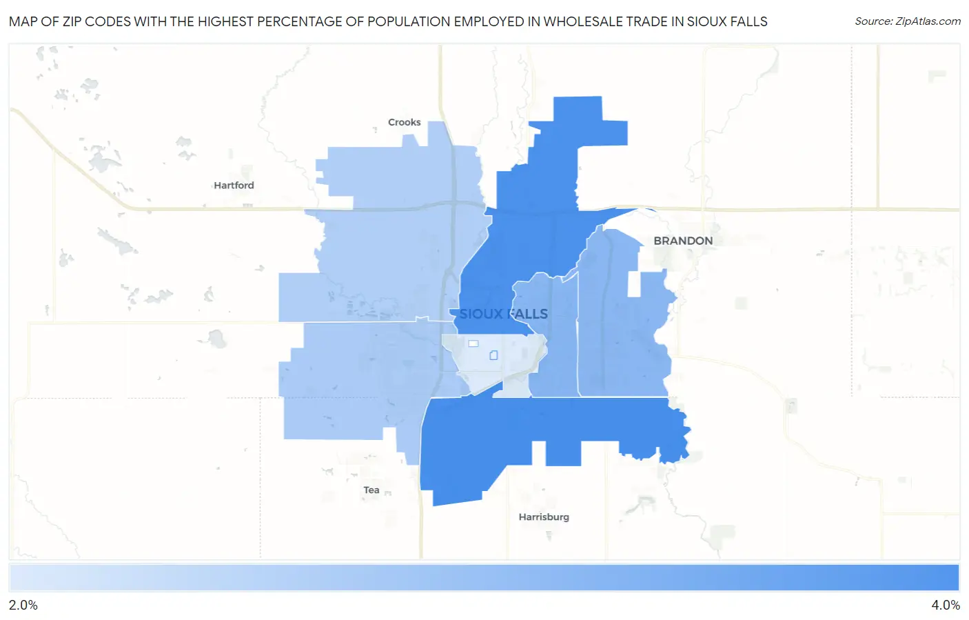 Zip Codes with the Highest Percentage of Population Employed in Wholesale Trade in Sioux Falls Map