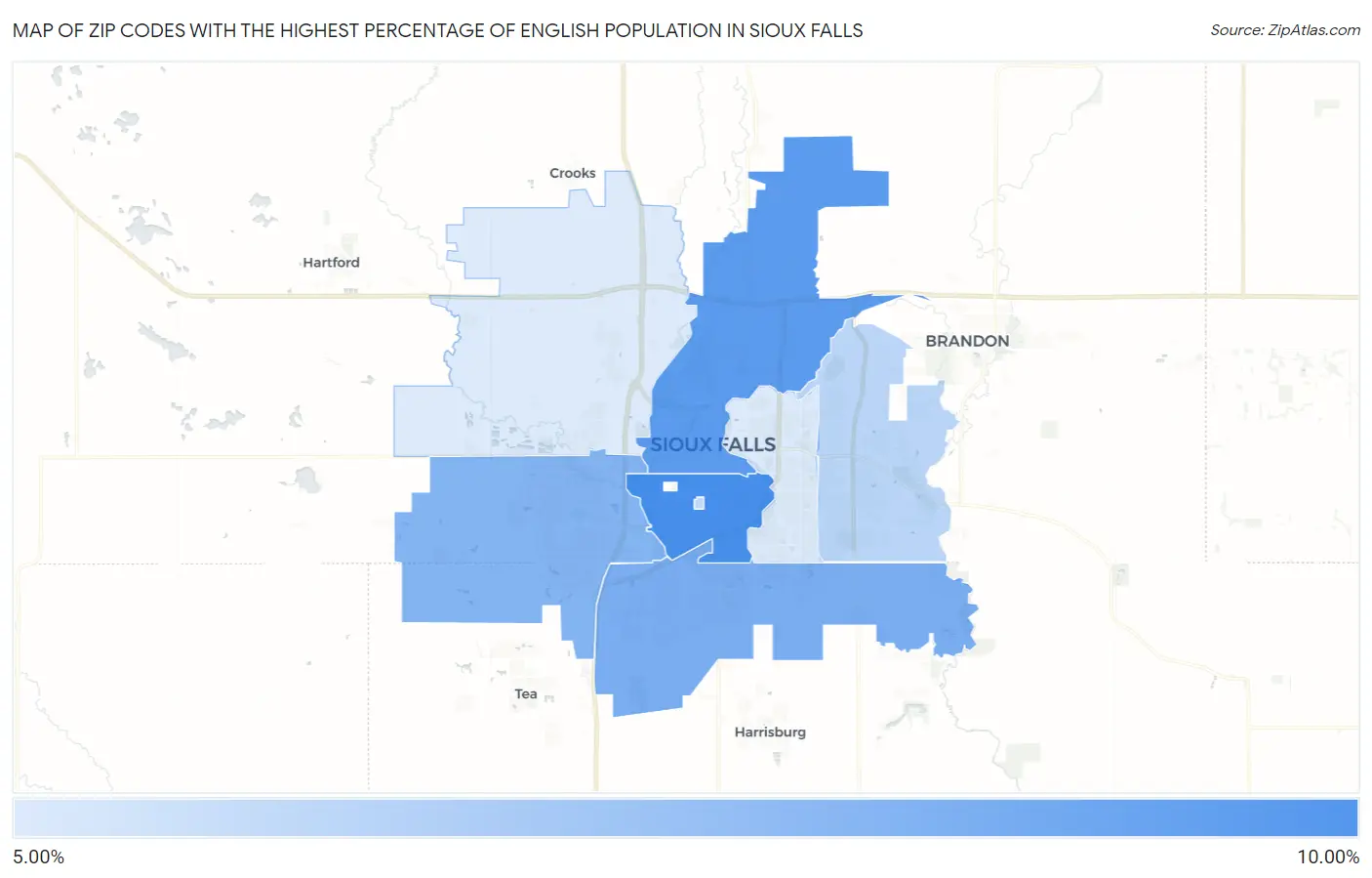 Zip Codes with the Highest Percentage of English Population in Sioux Falls Map
