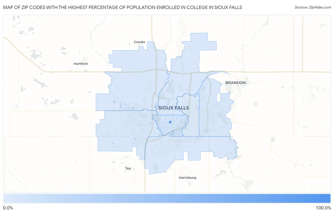 Zip Codes with the Highest Percentage of Population Enrolled in College in Sioux Falls Map