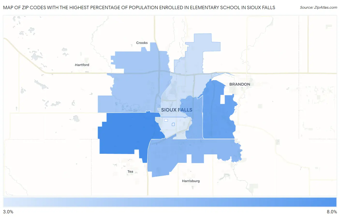 Zip Codes with the Highest Percentage of Population Enrolled in Elementary School in Sioux Falls Map