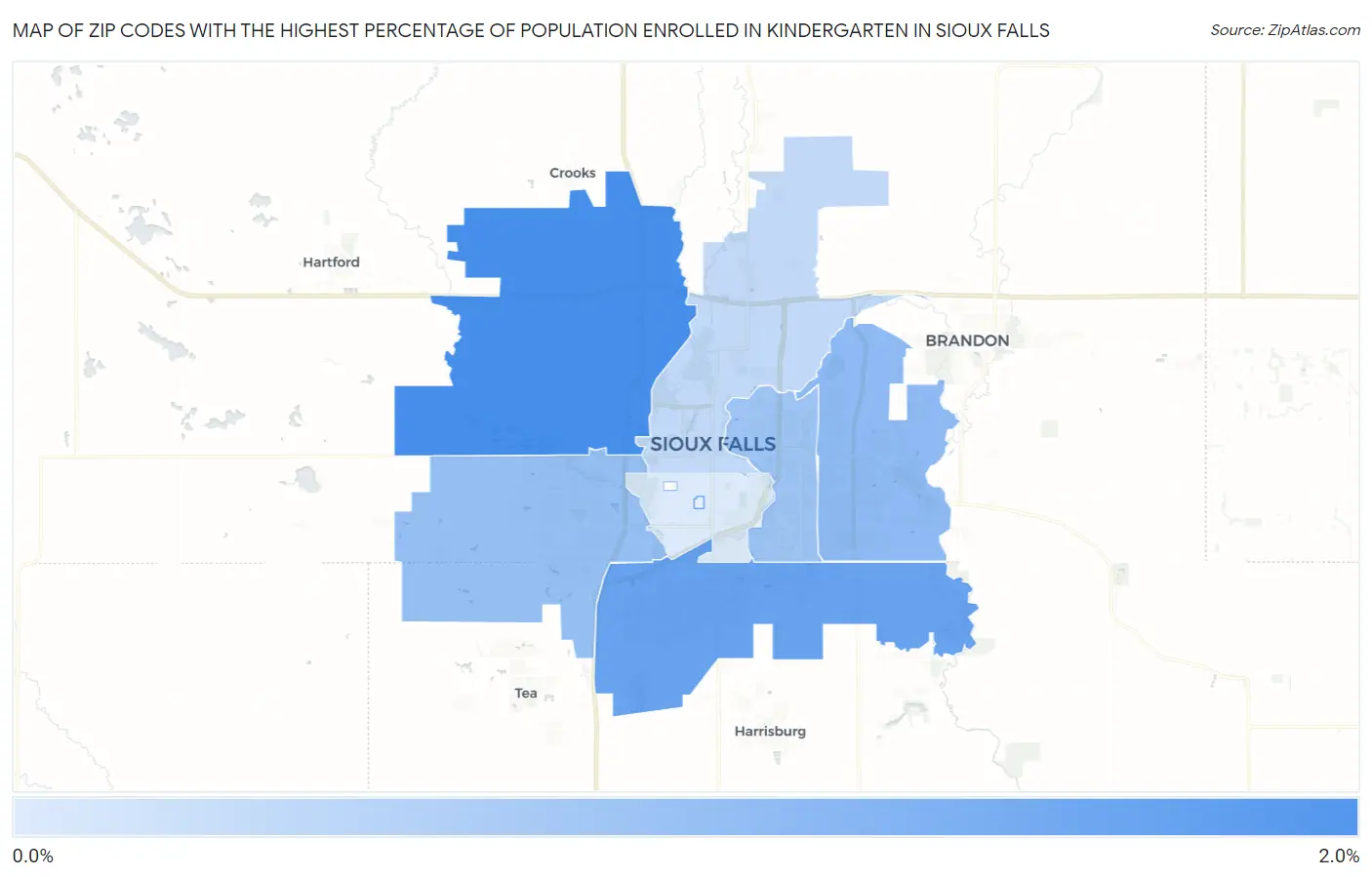 Zip Codes with the Highest Percentage of Population Enrolled in Kindergarten in Sioux Falls Map
