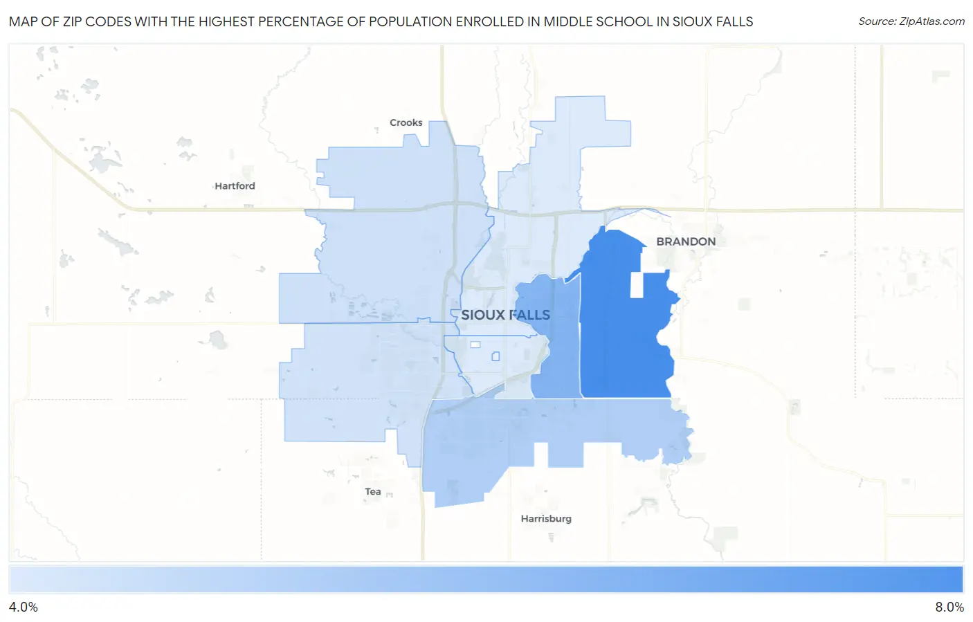 Zip Codes with the Highest Percentage of Population Enrolled in Middle School in Sioux Falls Map