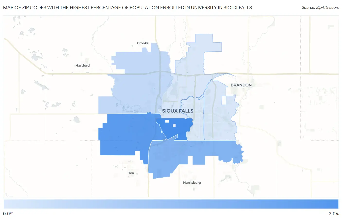 Zip Codes with the Highest Percentage of Population Enrolled in University in Sioux Falls Map