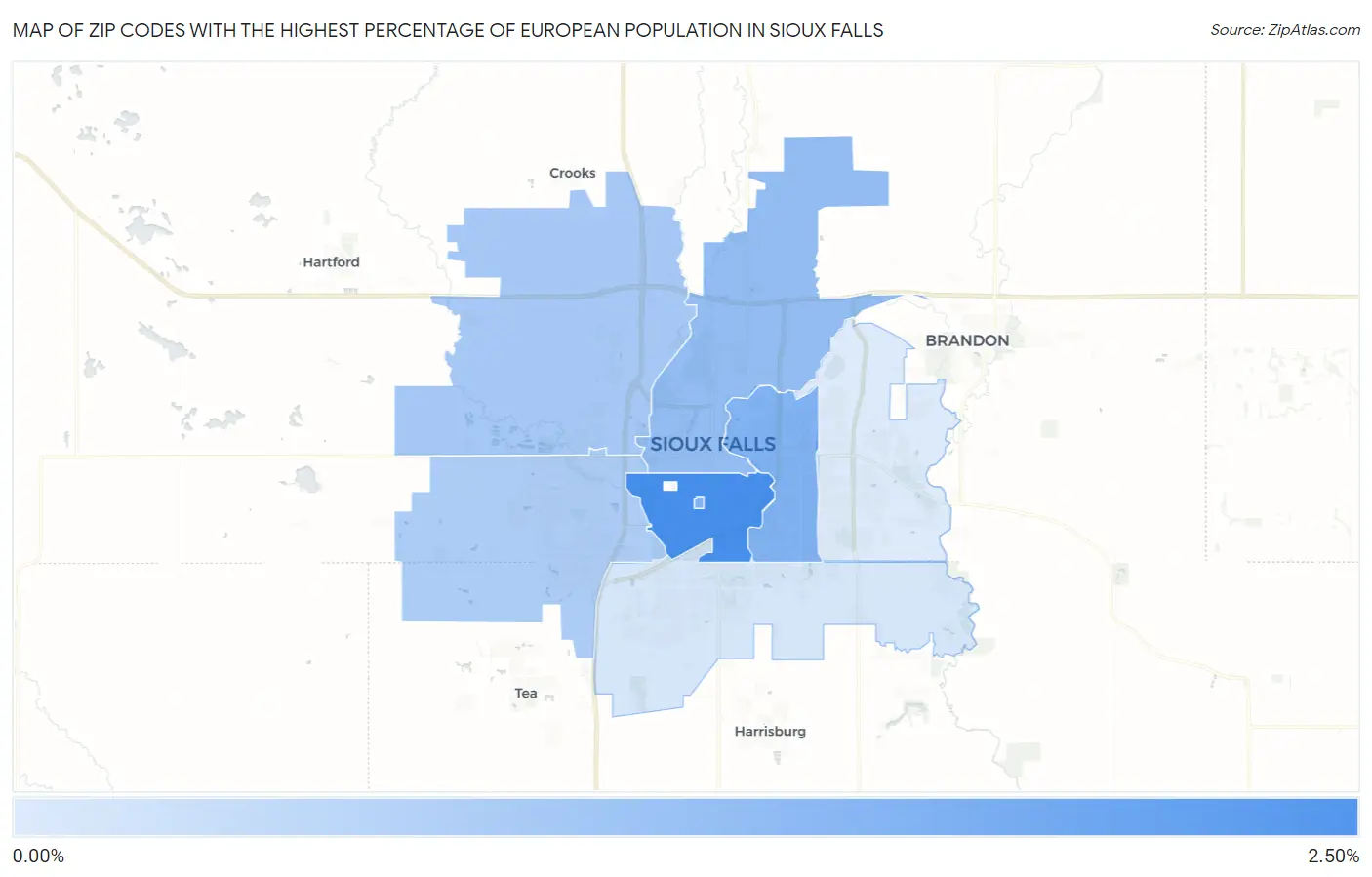 Zip Codes with the Highest Percentage of European Population in Sioux Falls Map