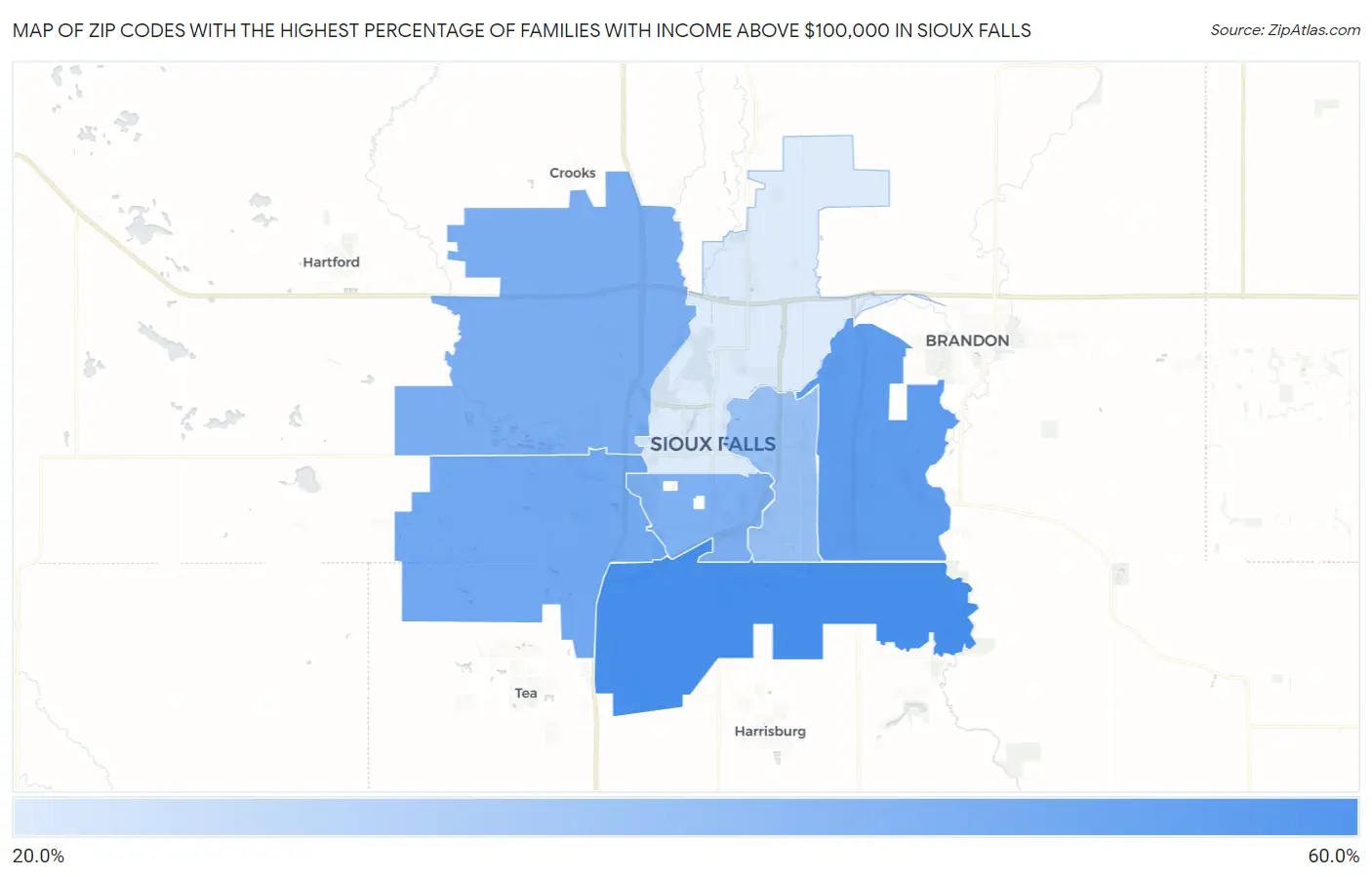 Zip Codes with the Highest Percentage of Families with Income Above $100,000 in Sioux Falls Map