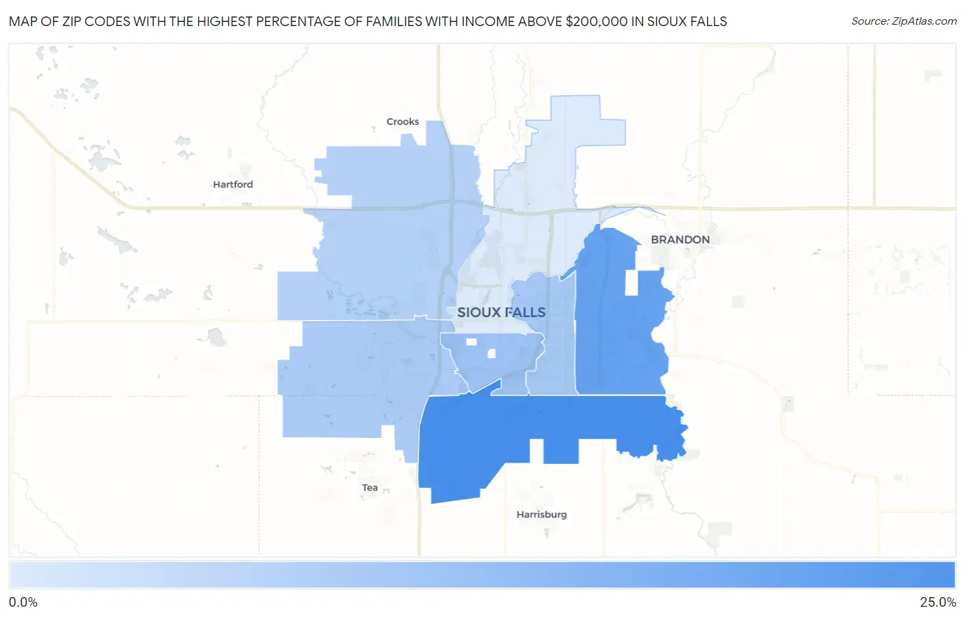 Zip Codes with the Highest Percentage of Families with Income Above $200,000 in Sioux Falls Map
