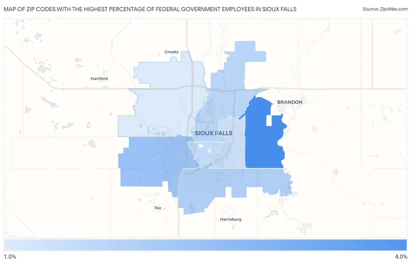 Zip Codes with the Highest Percentage of Federal Government Employees in Sioux Falls Map
