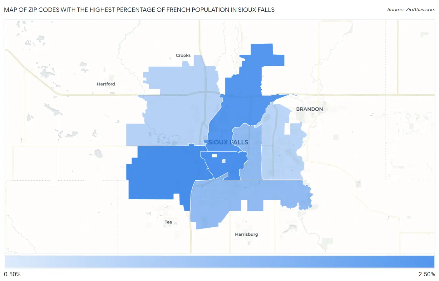Zip Codes with the Highest Percentage of French Population in Sioux Falls Map