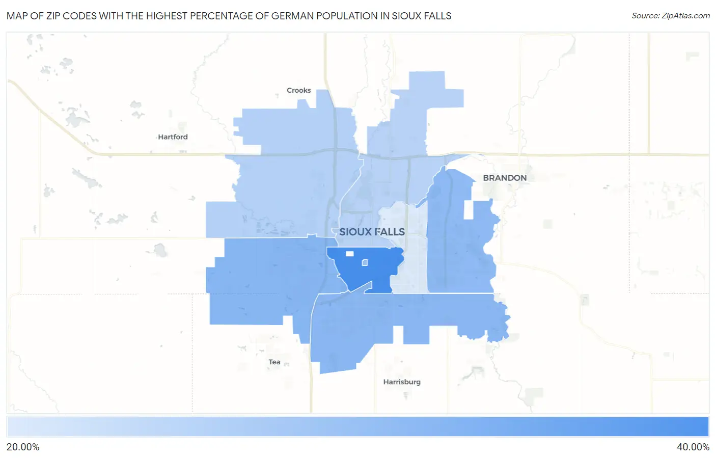 Zip Codes with the Highest Percentage of German Population in Sioux Falls Map